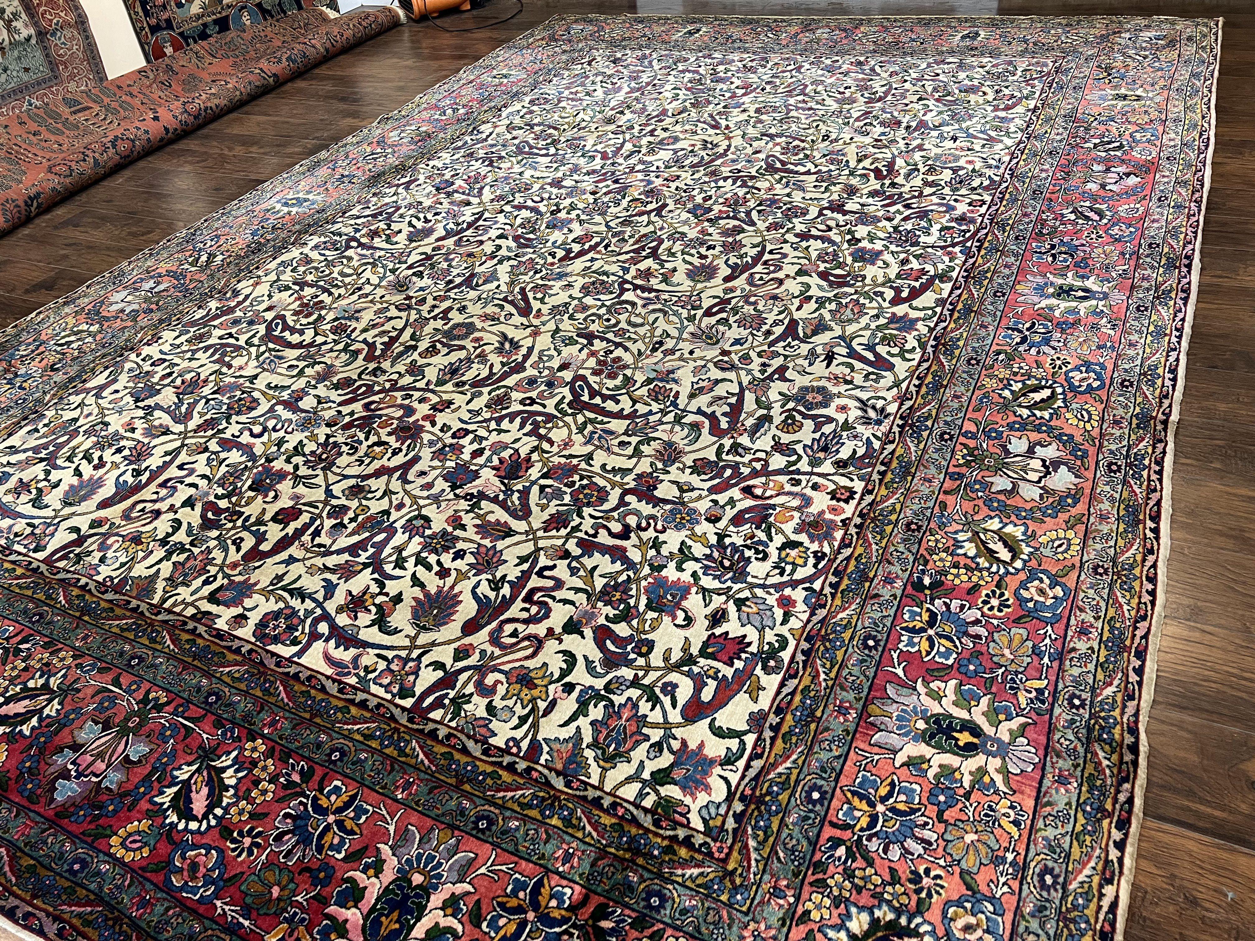 Rare Room Sized Persian Kirman Lavar Rug 10x15, Antique 1920s Persian Carpet, Allover Floral Design, Cream Red Blue, Highly Detailed, Wool - Jewel Rugs