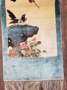 Vintage Chinese Tapestry Wall Hanging Rug 2x5 Hand-Knotted Chinese Silk Wall Hanging, Teal Cream 1960s Art Deco Tapestry Carpet Birds Pair A - Jewel Rugs