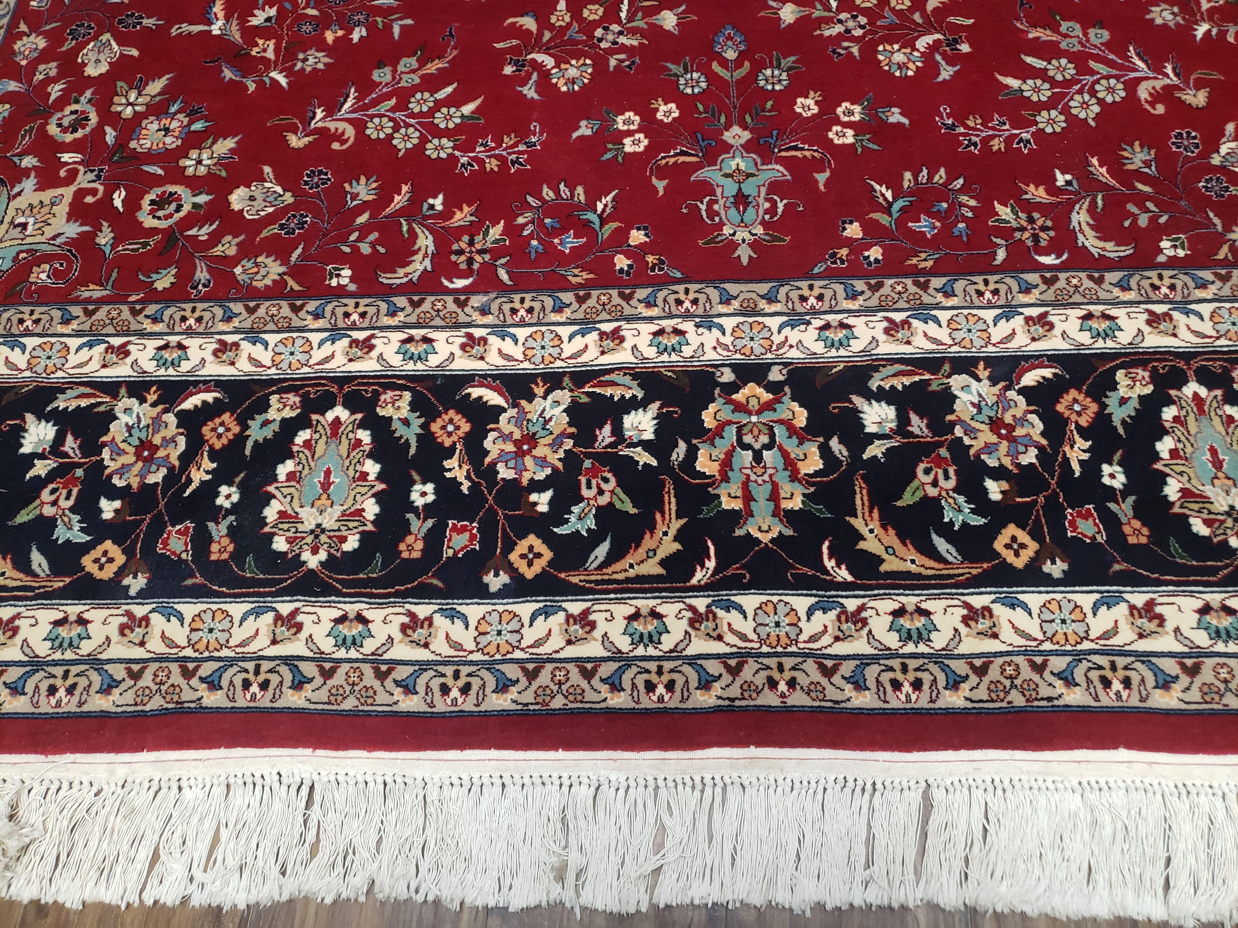 Traditional Persian Design Oriental Rug 9x12, Wool, Pak-Persian, Red & Dark Blue, Allover Pattern, Vintage, Hand-Knotted, 9 x 12 Carpet - Jewel Rugs