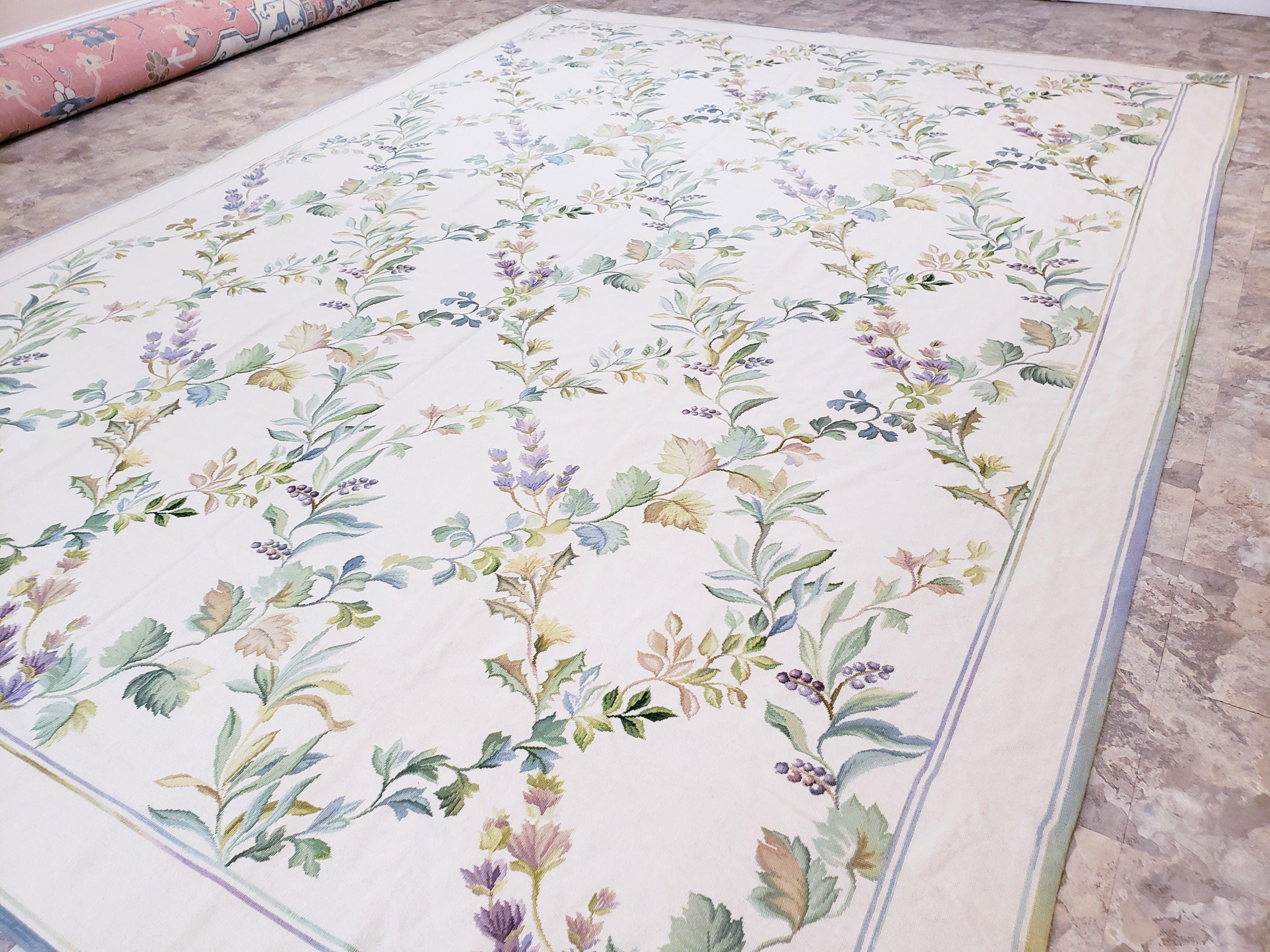 New Needlepoint Rug, 10x14 Needlepoint Carpet, 10 x 14 Flatweave Rug, Floral, Leaves and Grape Vines, Large Rug, Ivory, Room Sized, No Pile - Jewel Rugs