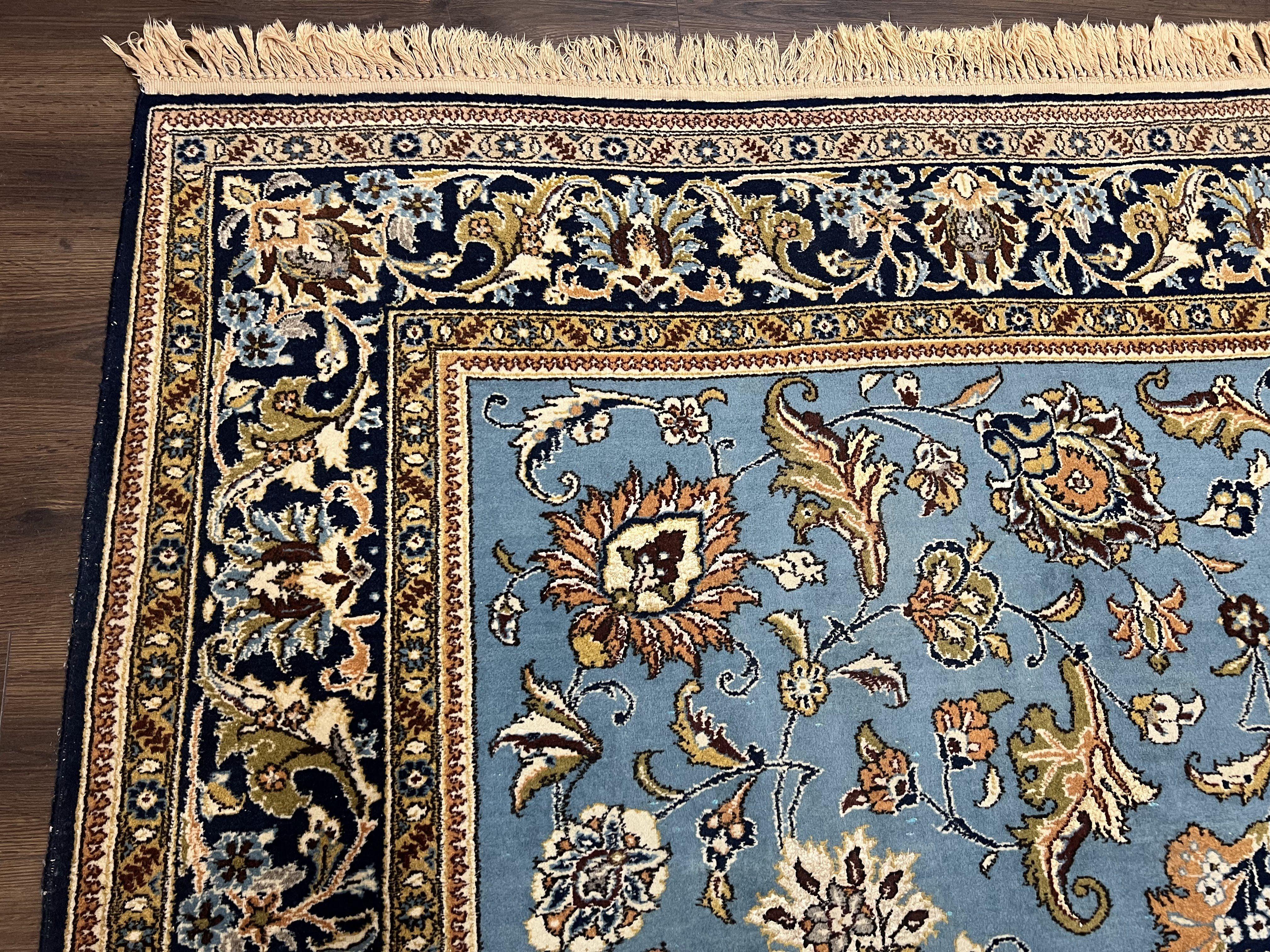 Marvelous Light Blue Persian Qum Rug 9x12, Top Quality Floral Allover Semi Antique Hand Knotted Authentic Ghom Qom Persian Carpet 9x12, Wool & Silk Highlights - Jewel Rugs