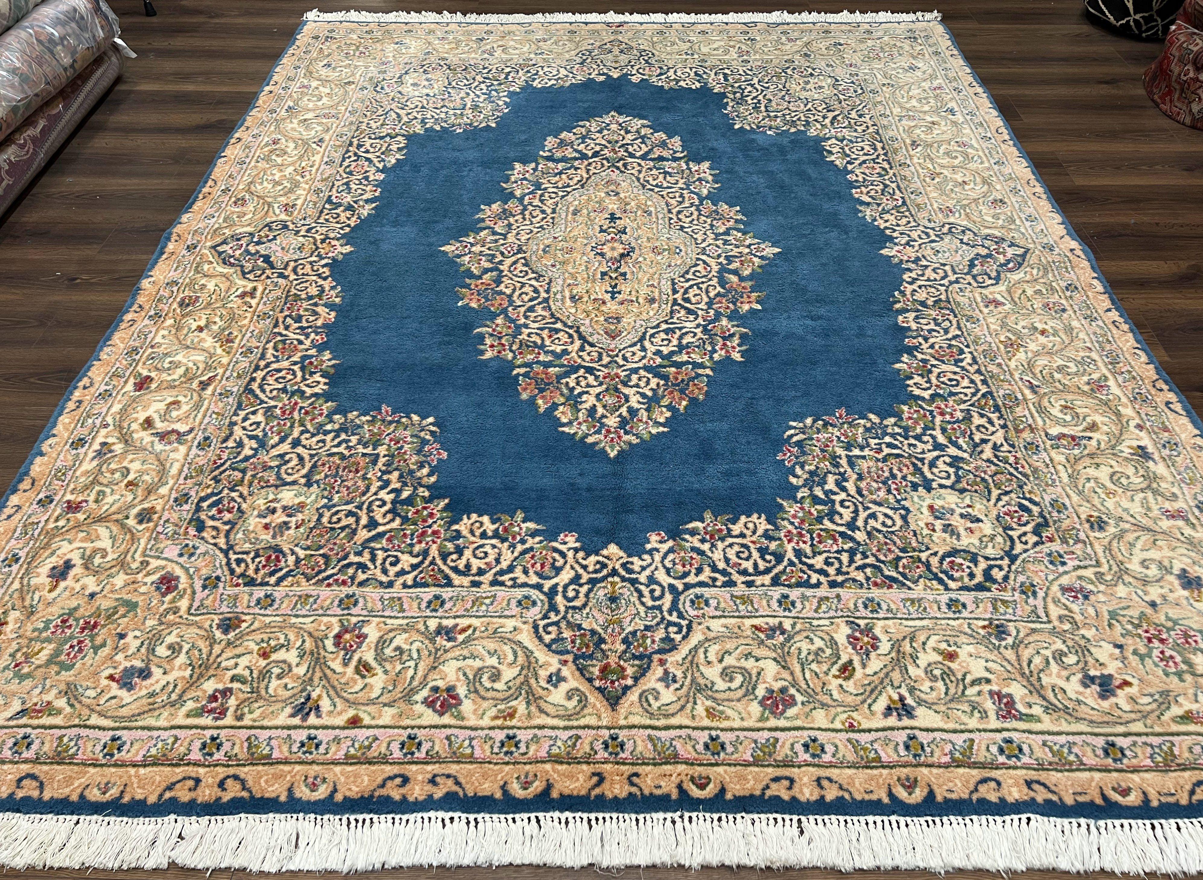 Persian Kirman Rug 8x10, Vintage Oriental Carpet, Wool Handmade Rug, Sky Blue Beige, Signed Area Rug, Semi Open Field Floral Medallion Rug - Jewel Rugs