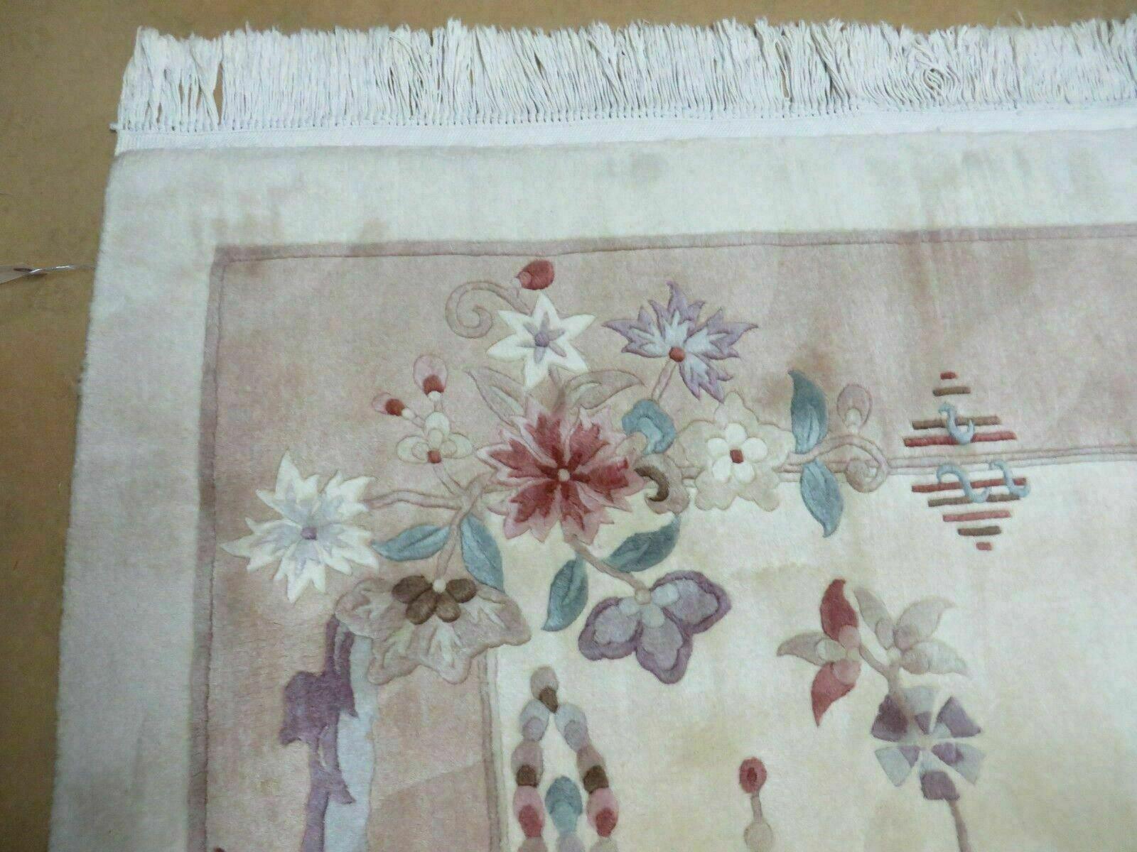 6' X 9' Vintage Hand Made CHINESE Art Deco 90 LINES Wool Rug Flowers Bird Nice - Jewel Rugs