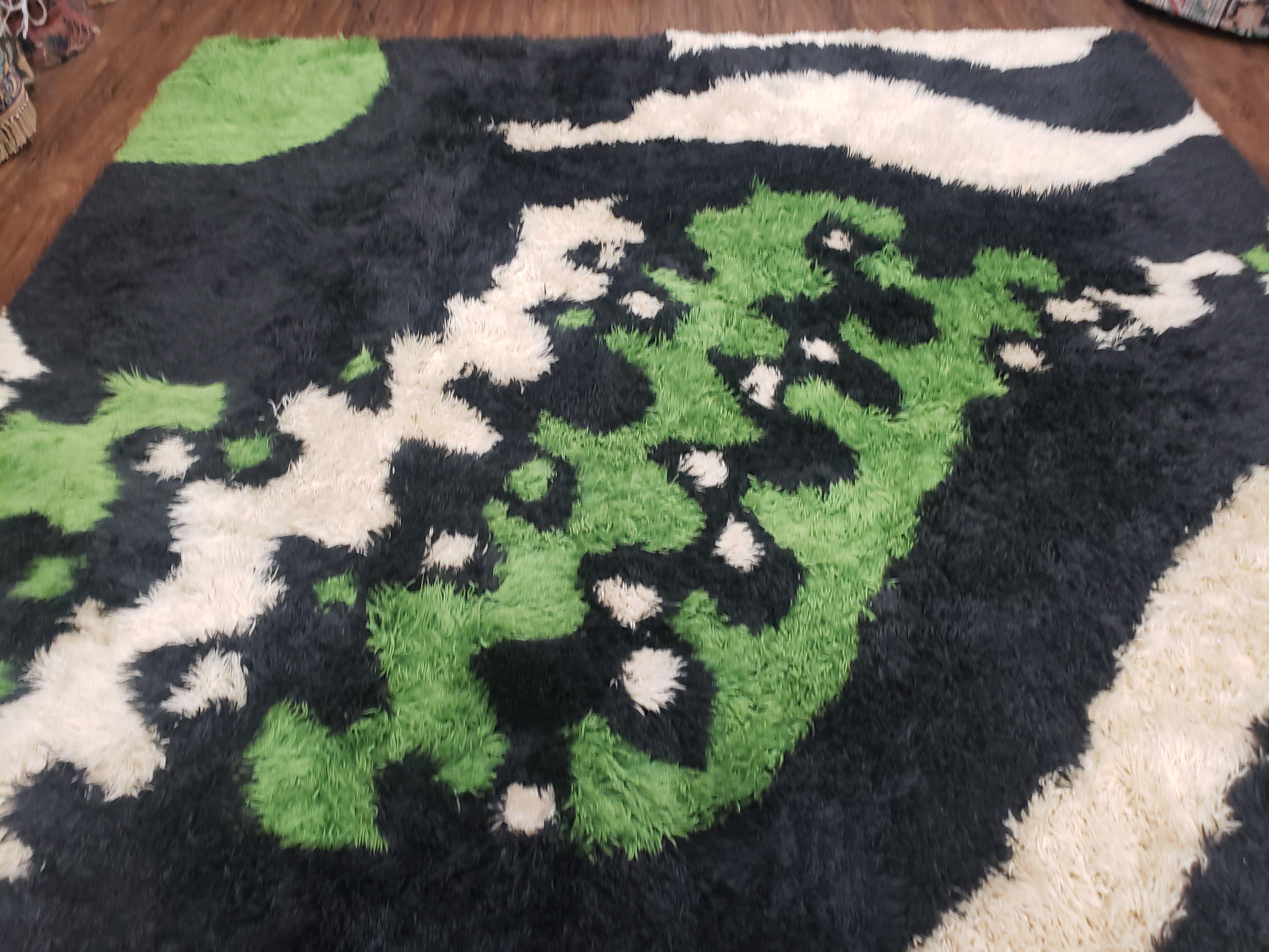 Rya Shag Rug 8x12, Mid-Century Ege Rya 1960s Carpet, Green White Black Modern Shag Rug, 8 x 12 Danish Rya, Soft High Pile, Abstract Rug - Jewel Rugs