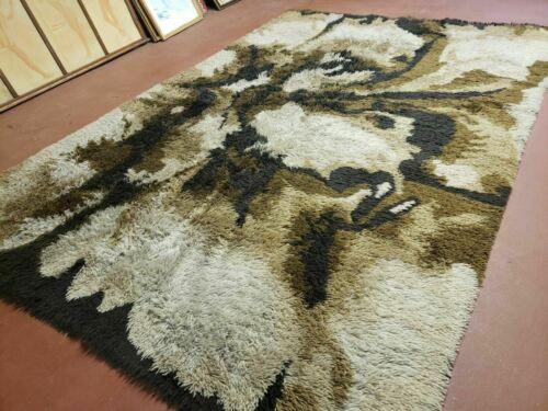 6' X 9' Vintage 1960 Danish Rya Shag DeLuxe Ege Rug Mid-Century Modern Ivory Brown - Jewel Rugs