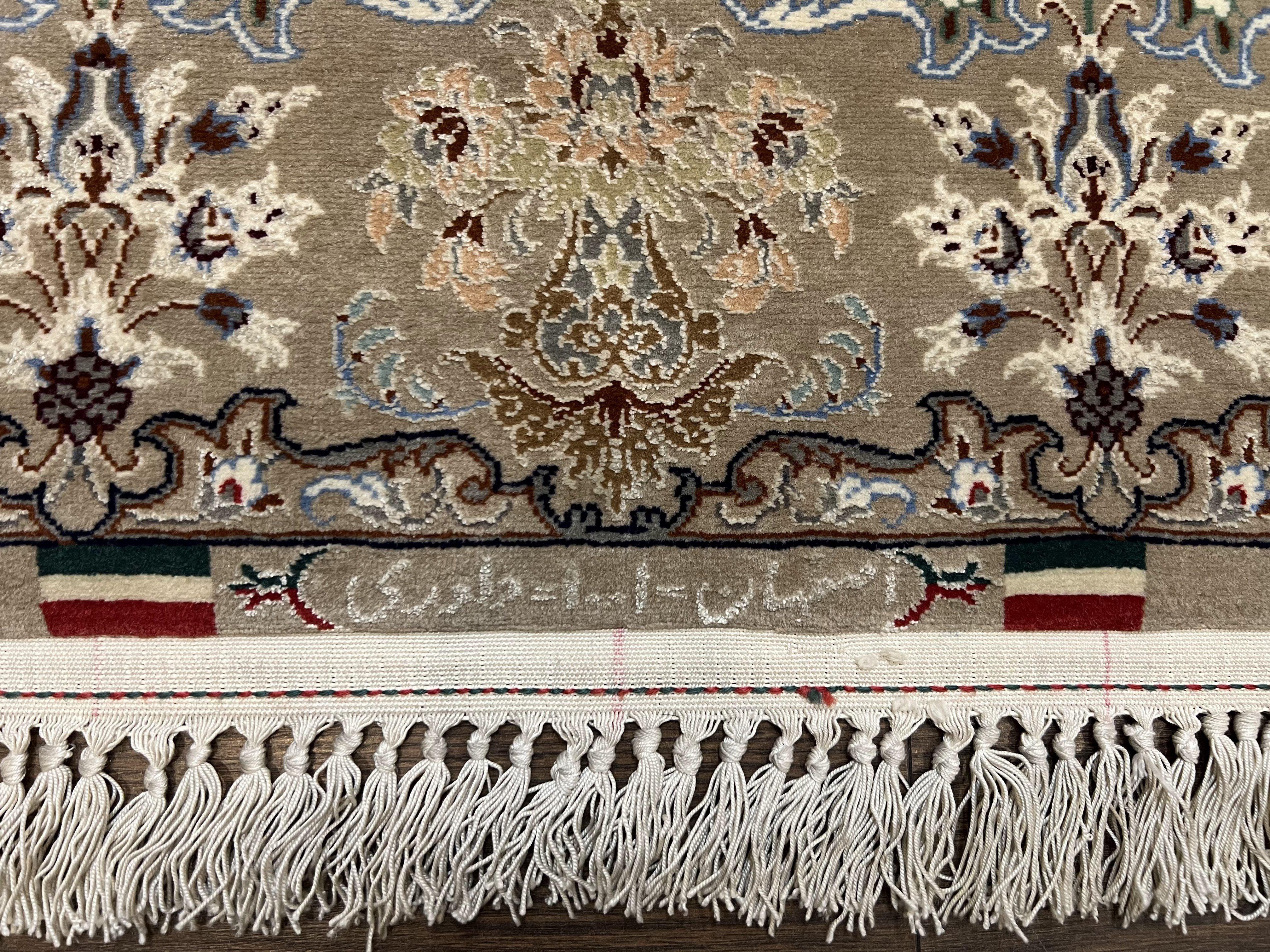 Super Fine Persian Isfahan Rug 3x5 ft, Kork Wool on Silk Foundation, Repeated Floral Motif, Taupe Tan Hand Knotted Oriental Carpet 3 x 5 ft, Signed - Jewel Rugs