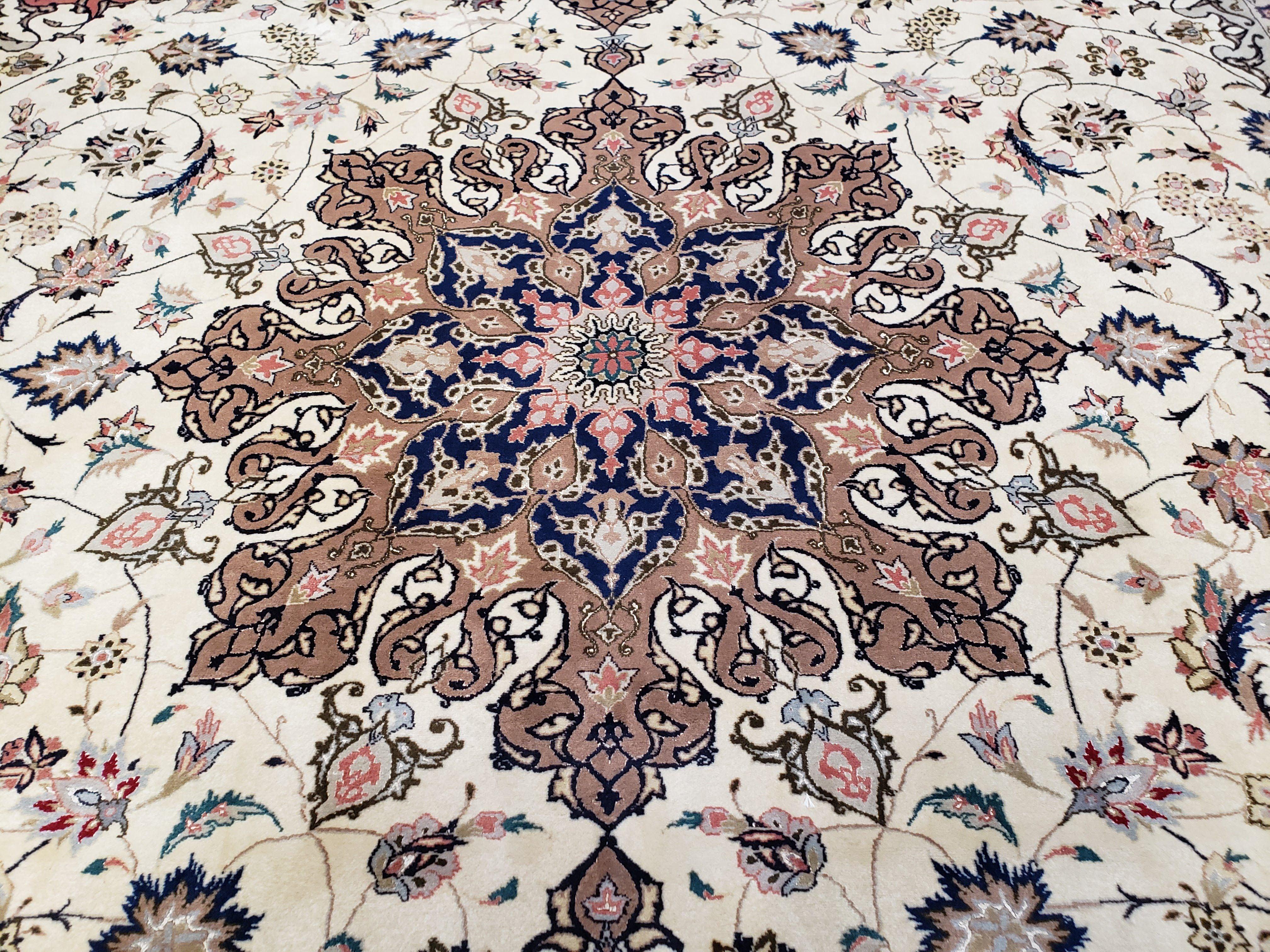 Vintage Persian Tabriz Rug, Ivory & Rose Red, Hand-Knotted, Wool and Silk Highlights, 8'2" x 11'2" - Jewel Rugs