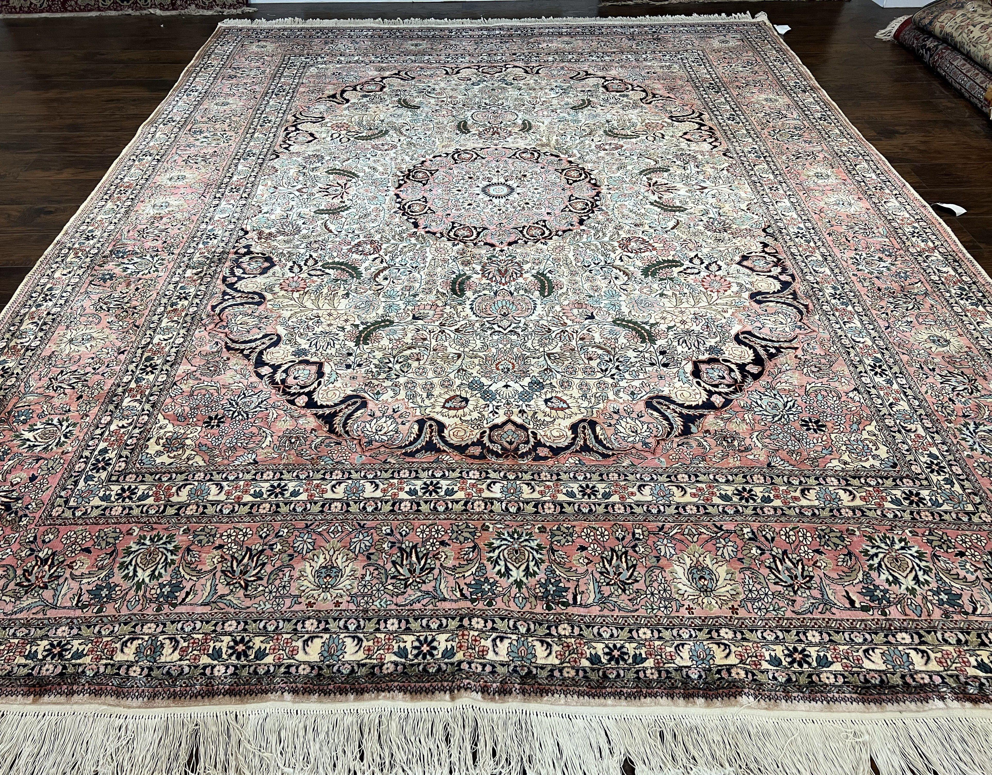 Indian Silk Kashmiri Rug 9x12, Room Sized All Silk Carpet, Center Medallion, Highly Detailed, Top Quality, Very Fine, Vintage, Cream Pink - Jewel Rugs