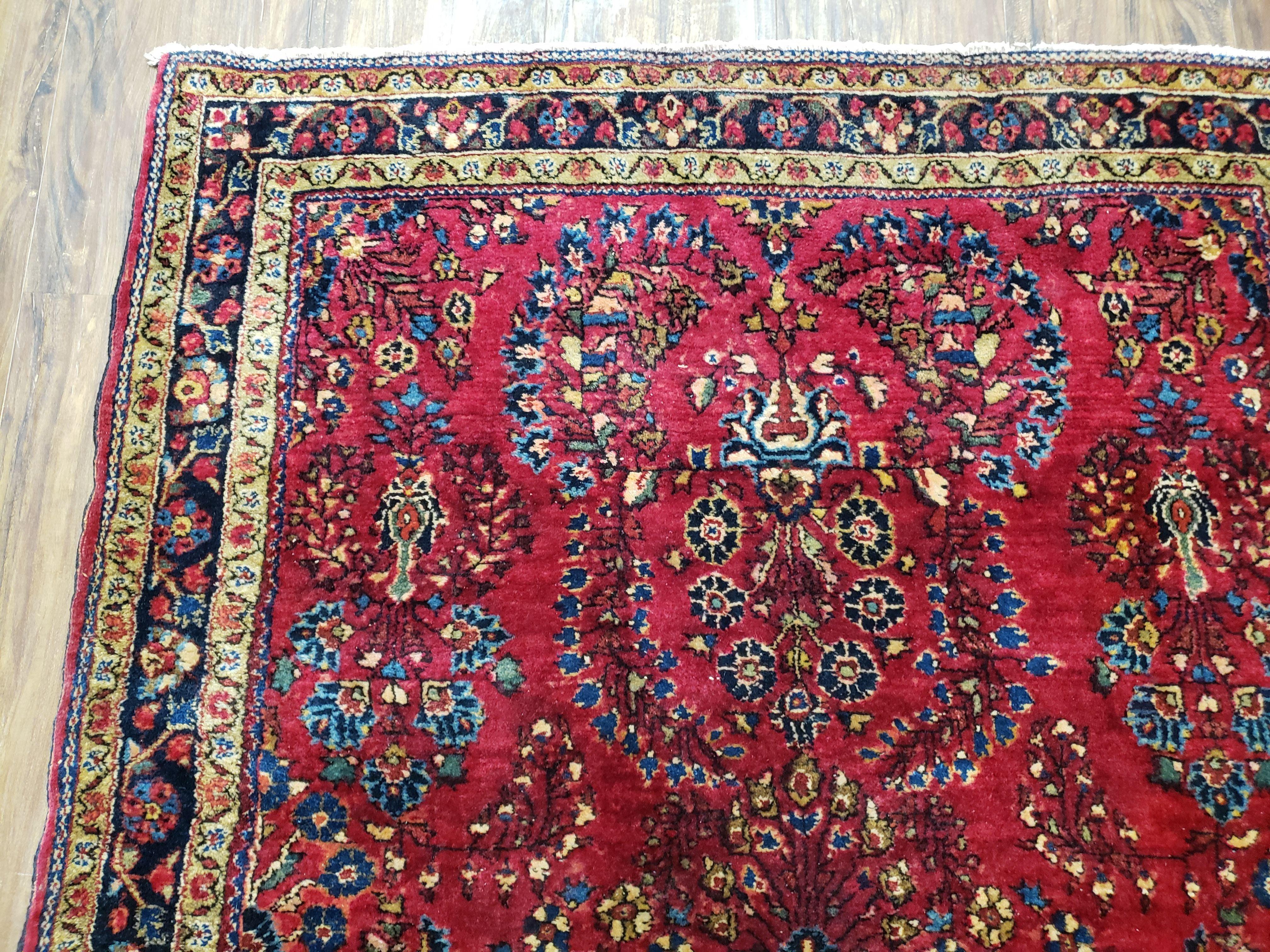 Antique Persian Sarouk Rug, Red, Allover Floral Pattern, Hand-Knotted, Wool, 3'4" x 4'11" - Jewel Rugs