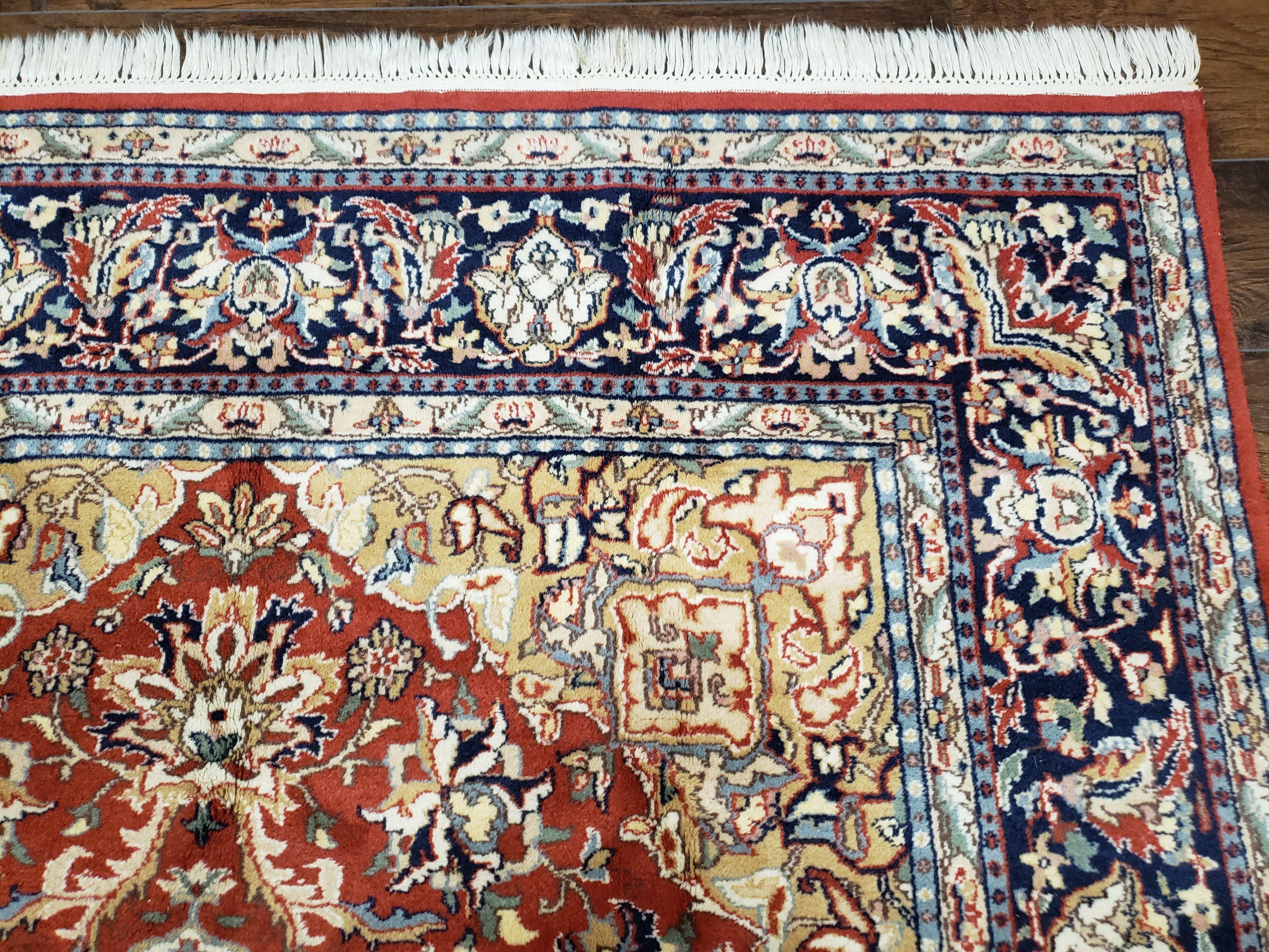 Vintage Indo Persian Oriental Rug 6 x 9.6, Wool Hand-Knotted Red Dark Blue & Gold Indian Carpet, 6 x 9 Office Room Rug, Floral Medallion - Jewel Rugs