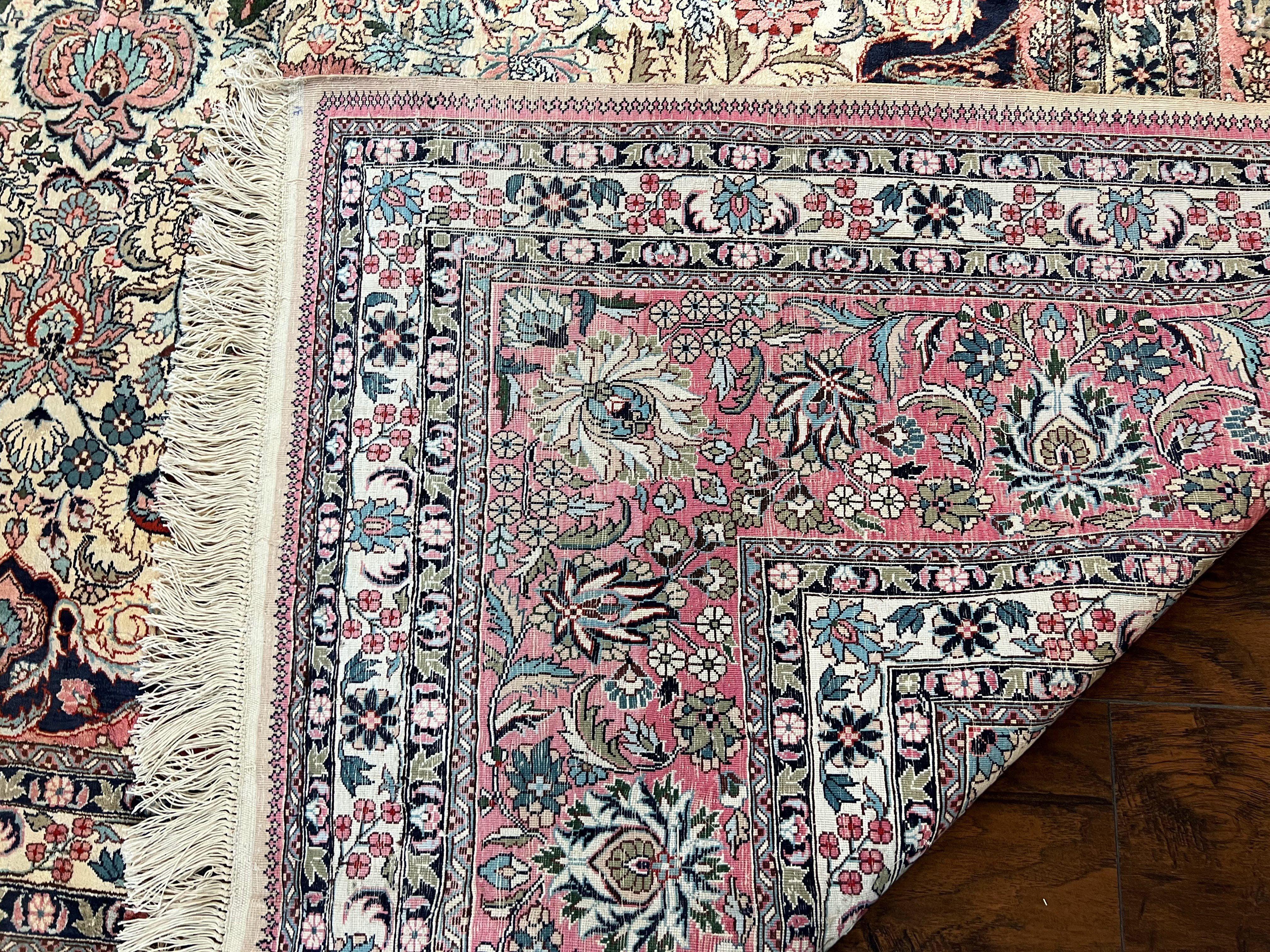 Indian Silk Kashmiri Rug 9x12, Room Sized All Silk Carpet, Center Medallion, Highly Detailed, Top Quality, Very Fine, Vintage, Cream Pink - Jewel Rugs