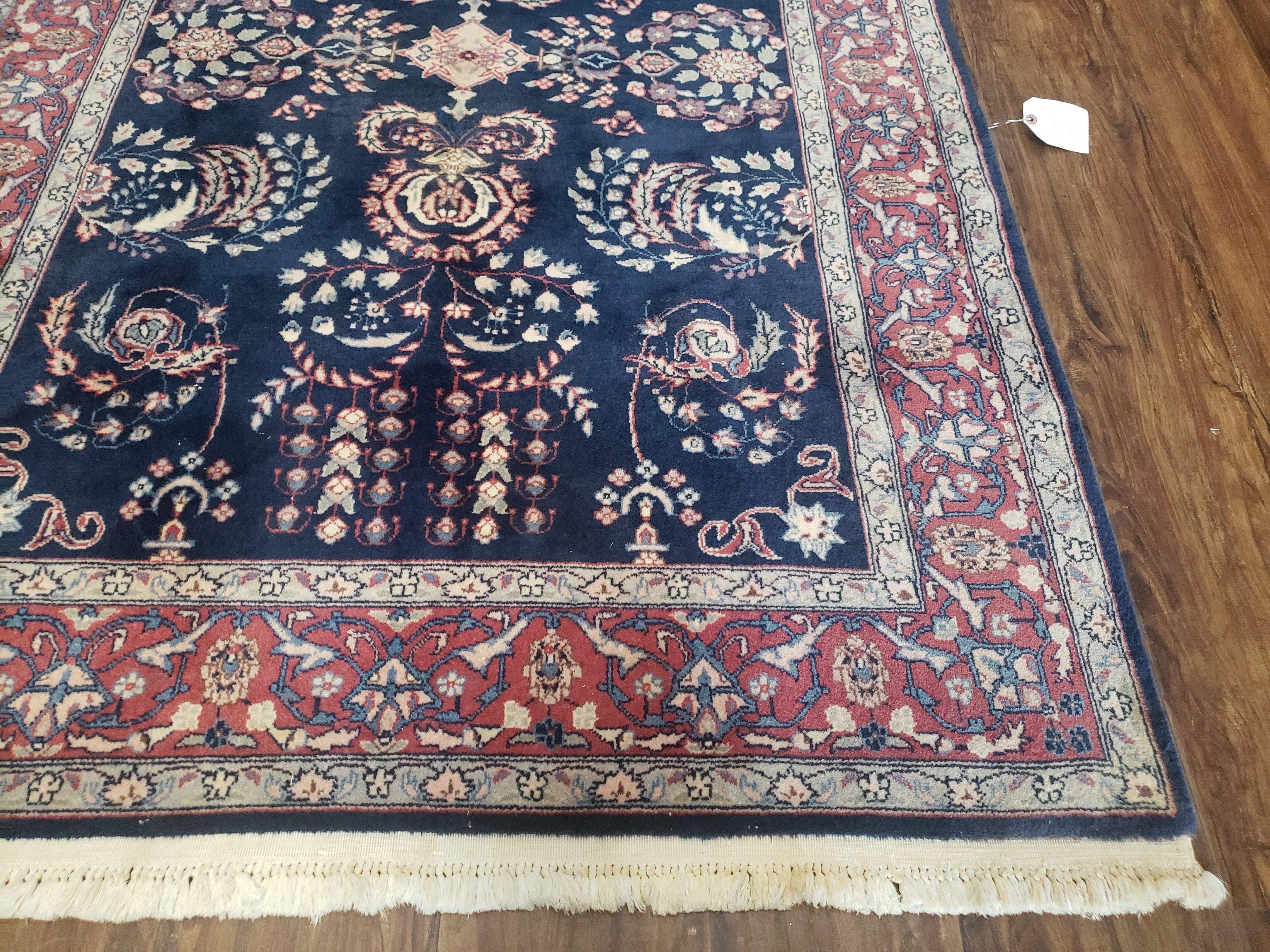 Dark Blue Indo Persian Rug, Medium Size Hand Knotted Oriental Carpet, Traditional Floral Indian Rug, Blue and Red Rug, Entryway Rug Wool Rug - Jewel Rugs