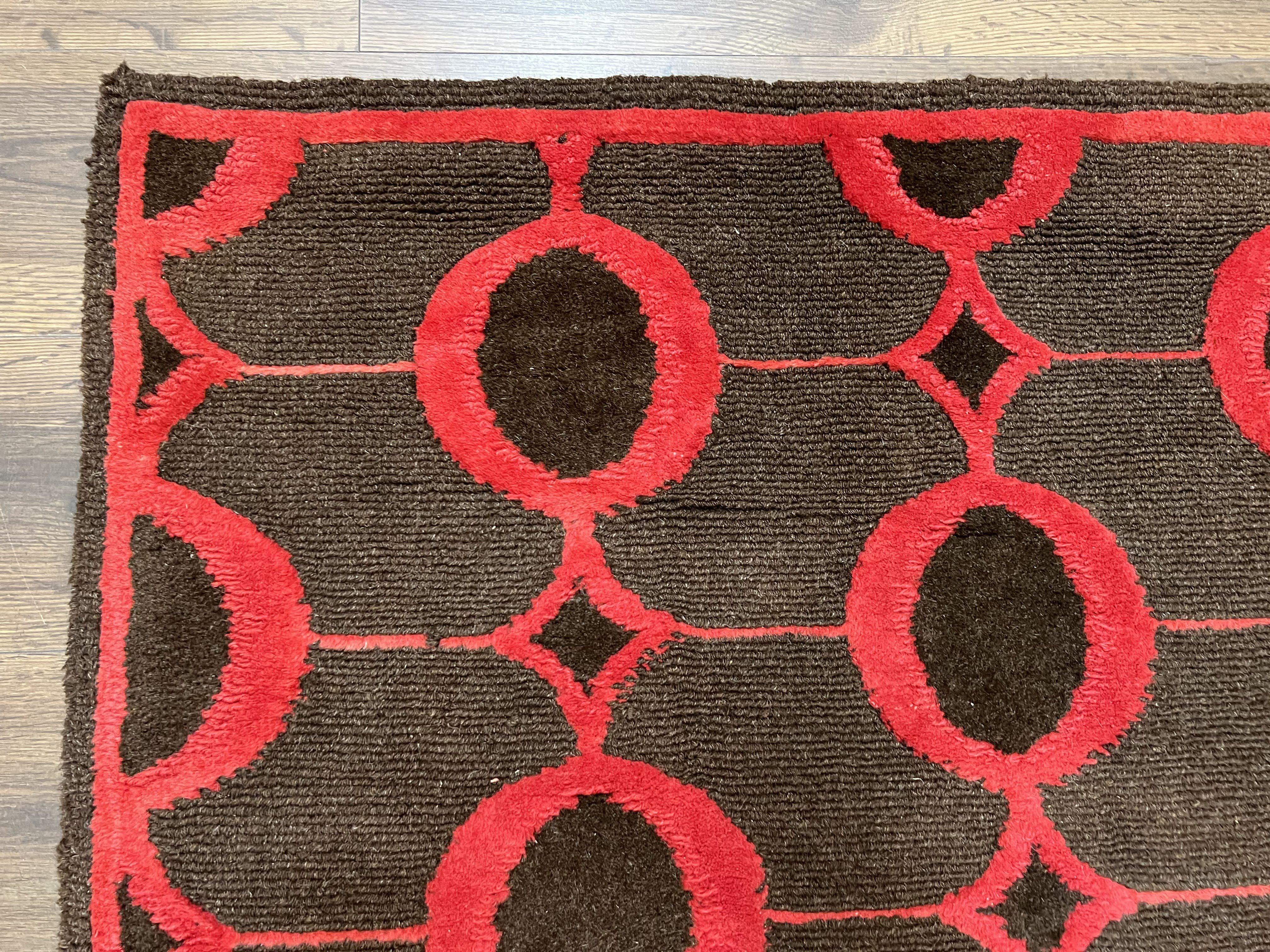 Modern Tibetan Rug 3.8 x 5.7, Raspberry Red and Dark Brown, Abstract Circle Design, Hand Knotted, Soft Wool Handmade Tibet Nepali Carpet 4x6 - Jewel Rugs