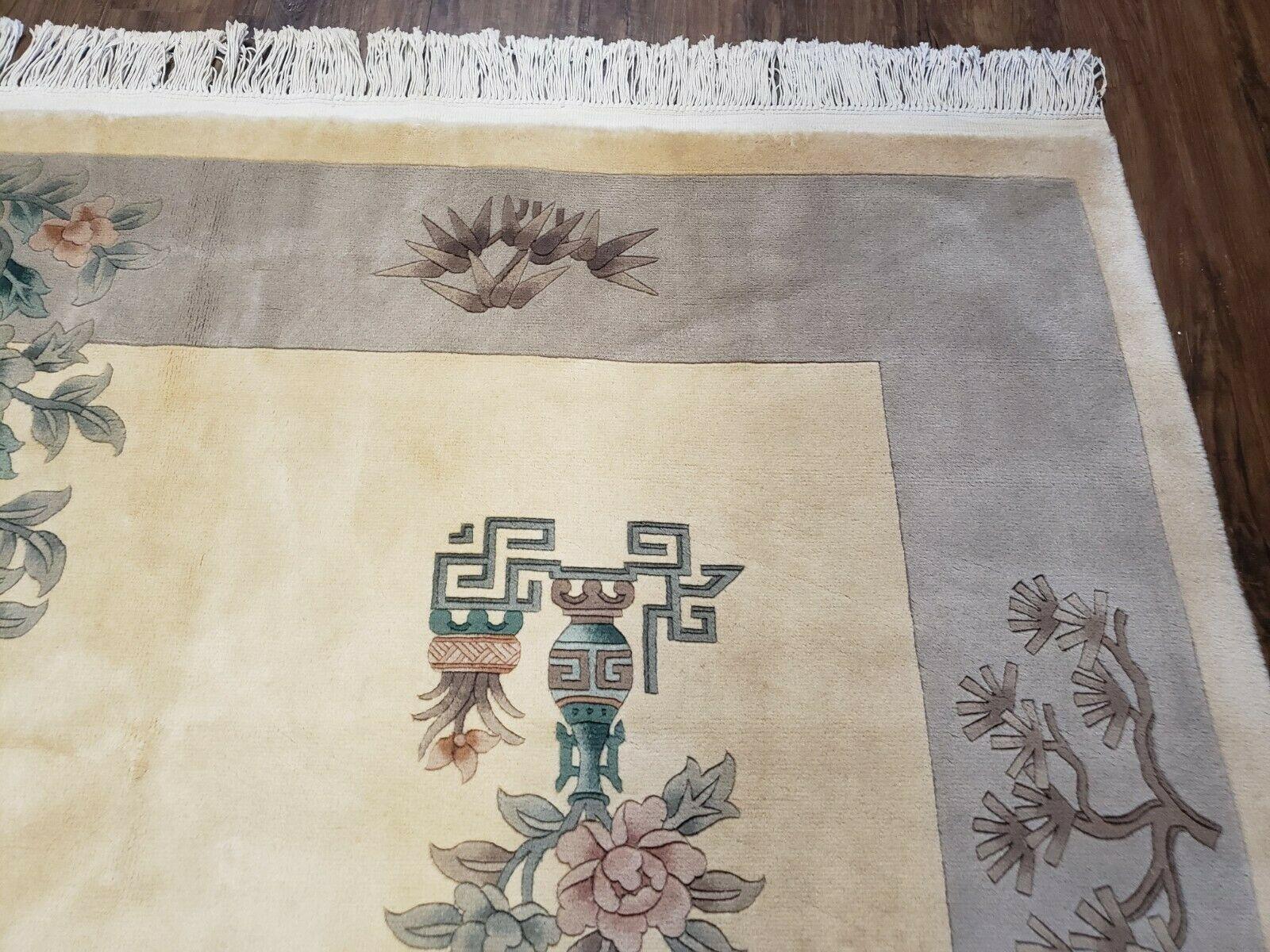 6' X 9' Vintage Handmade Chinese Art Deco 120 Lines Wool Rug Flowers Nice Ivory - Jewel Rugs