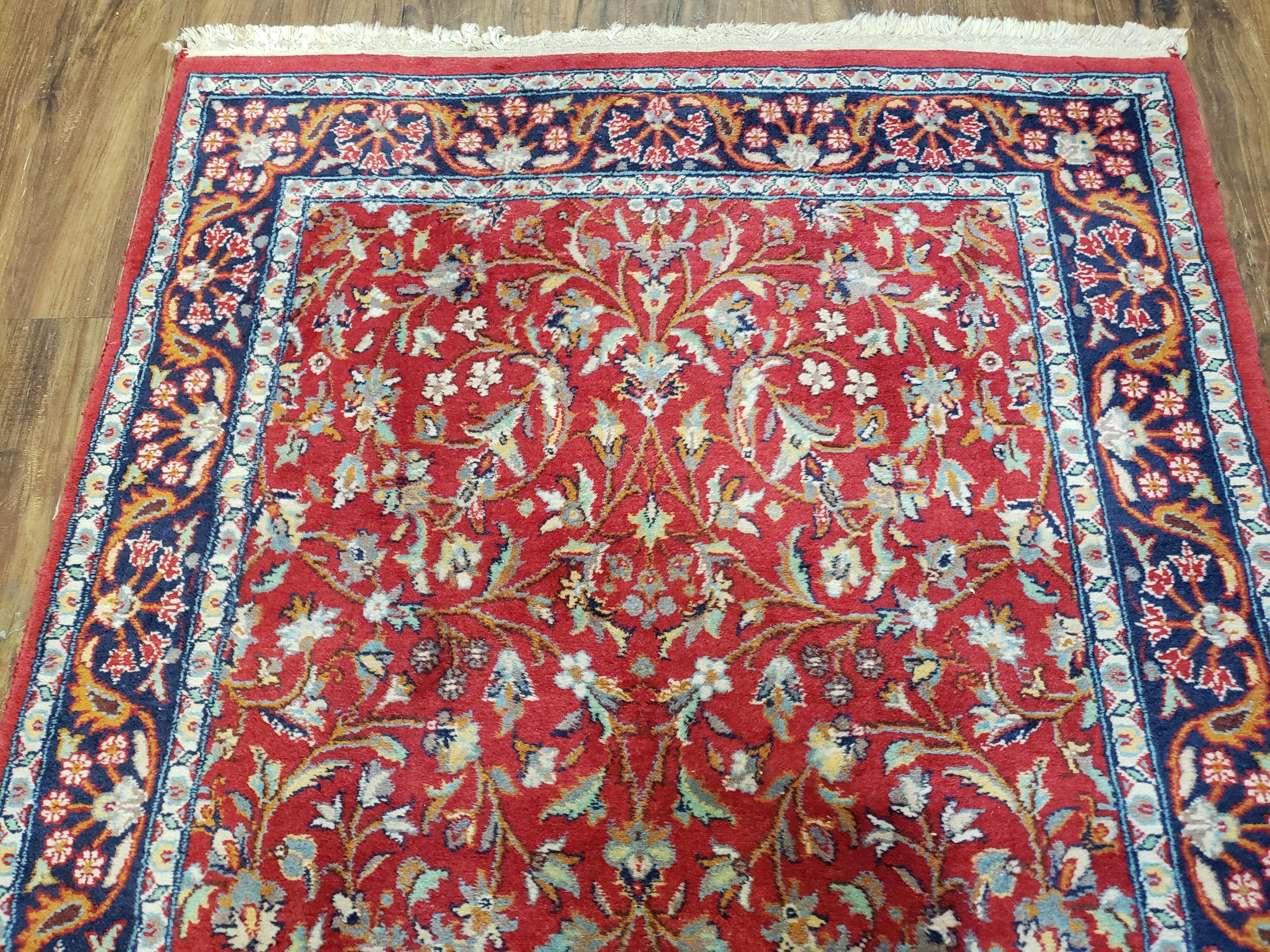 Antique Persian Sarouk Vintage Runner Rug, 2' 7" x 10' 3", Red with Dark Blue Floral Design - Jewel Rugs