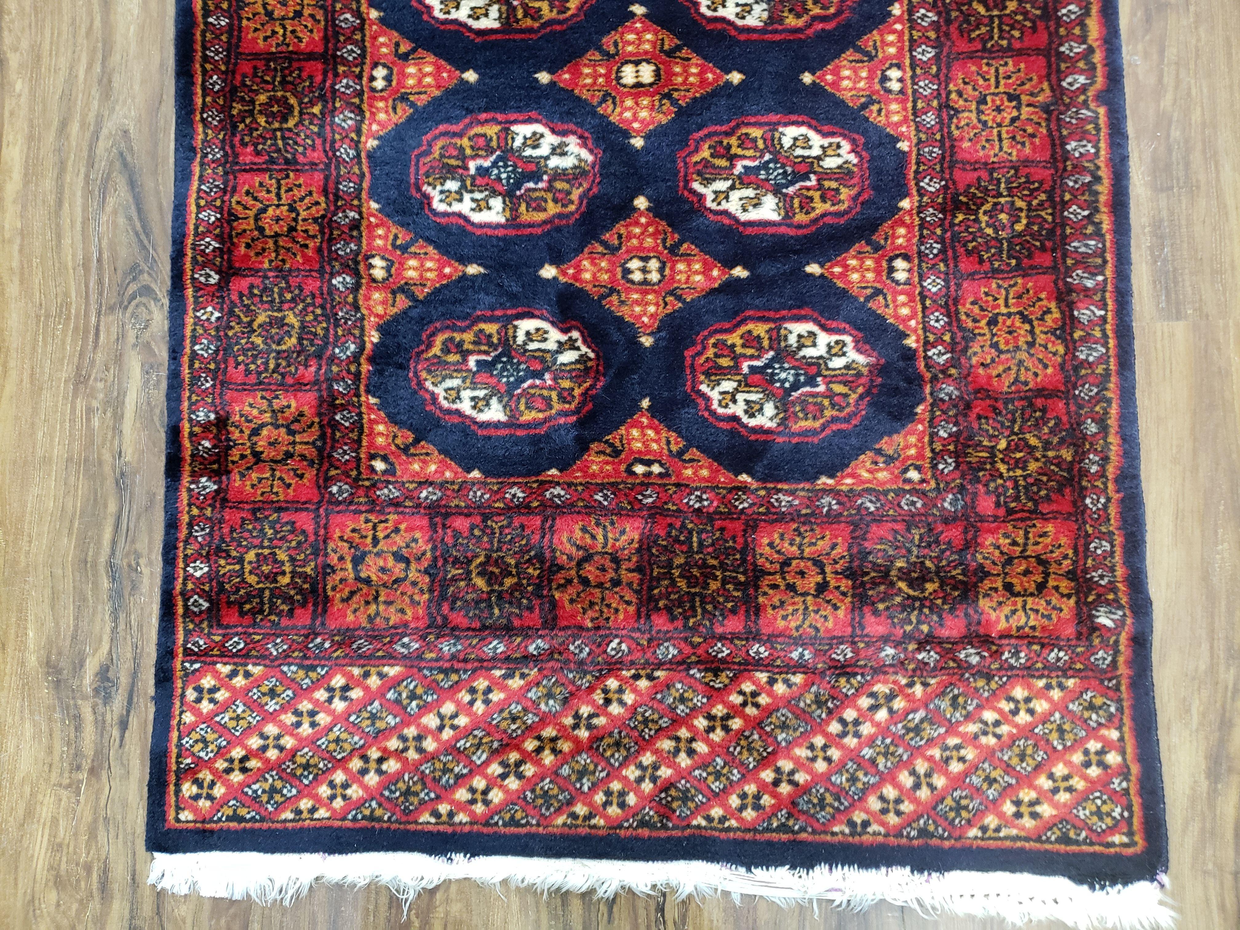 Vintage Turkoman Runner Rug, Hand-Knotted, Wool, Midnight Blue & Red, Oriental Runner, Turkmen Yamud Pakistan Rug 10ft Runner, 2'7" x 10' 3" - Jewel Rugs