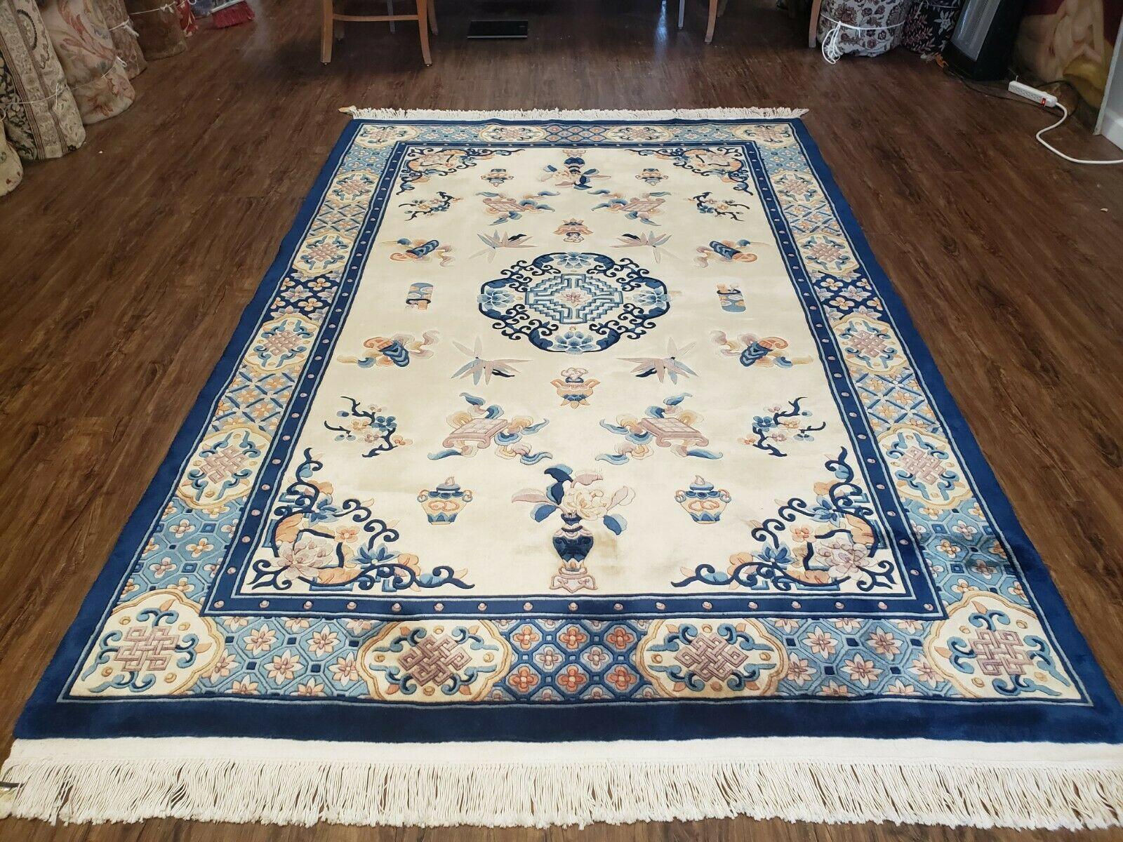 6' X 9' Vintage Hand Made CHINESE Art Deco 120 LINES Wool Rug Flowers Nice - Jewel Rugs