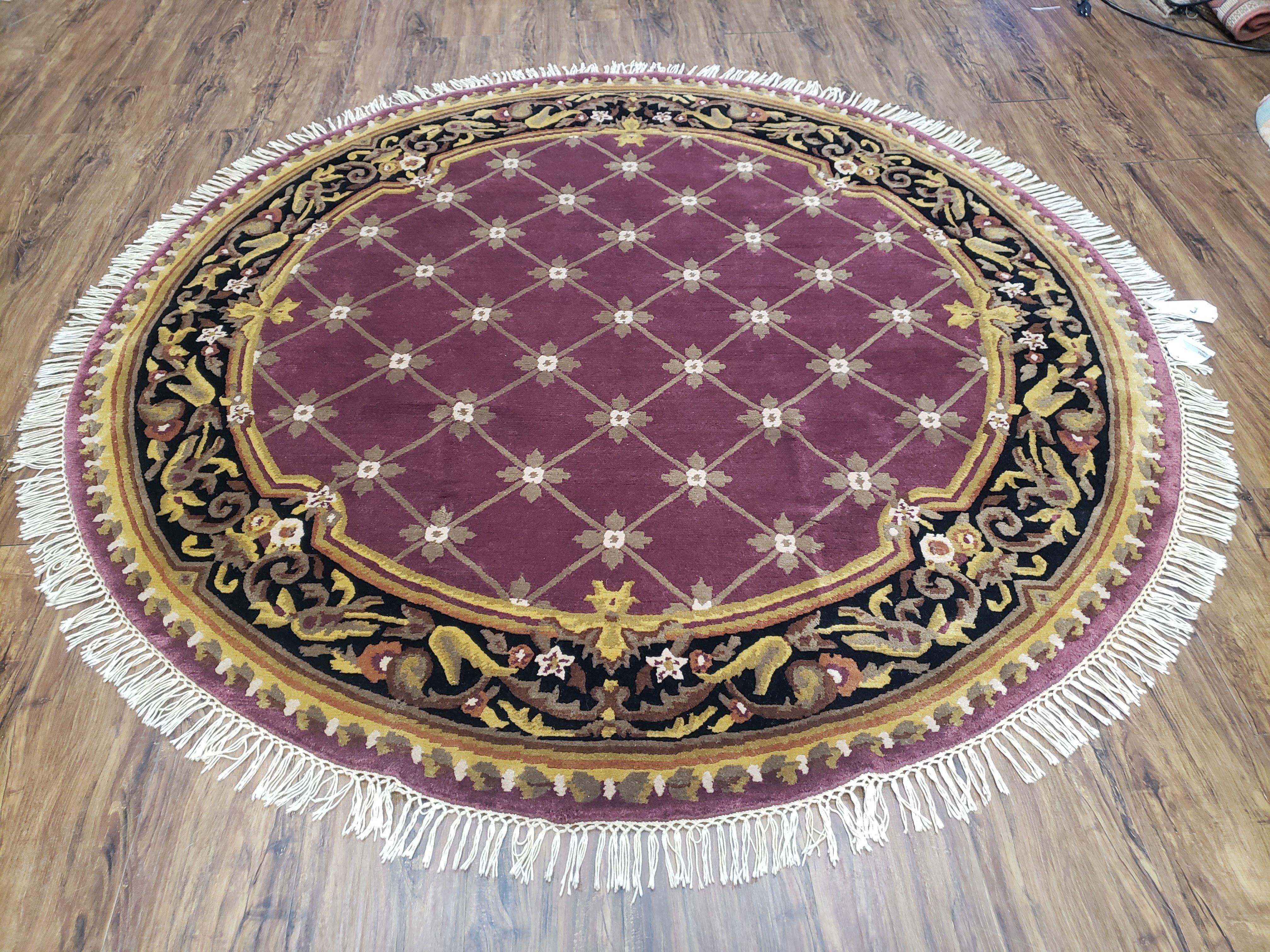 6ft Round Mauve Hand-Knotted Vintage Carpet, Nepalese Aubusson Area Rug 6x6, Wool Hand-Knotted Red/Purple & Black Circular Rug 6 x 6 ft - Jewel Rugs