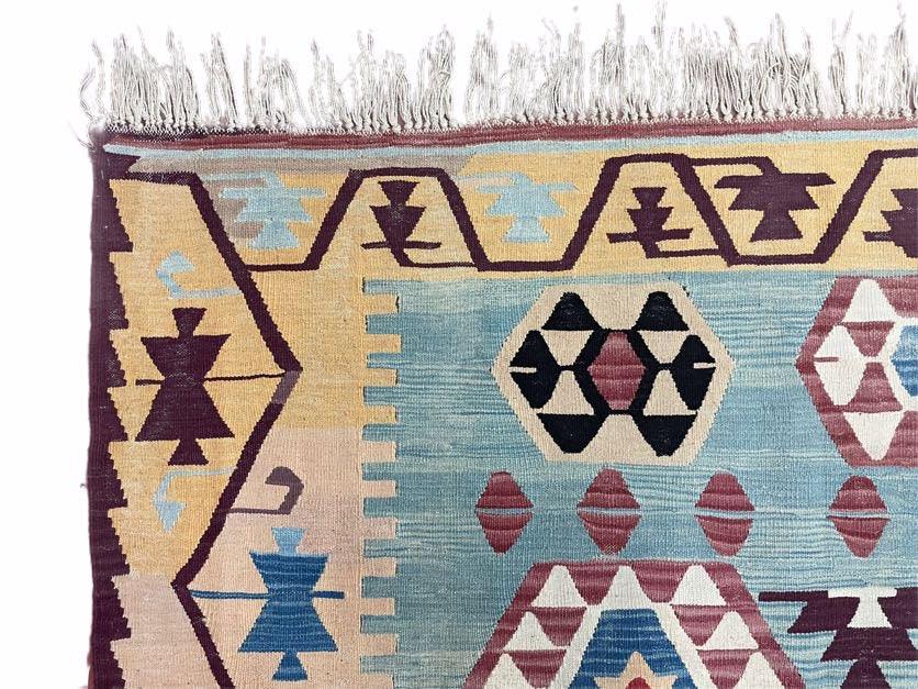 Turkish Kilim Carpet 8x12, Large Colorful New Kilim Rug, High Quality, Kilim Geometric Pattern, Blues, Yellows, Teal, Wool, Hand-Knotted - Jewel Rugs