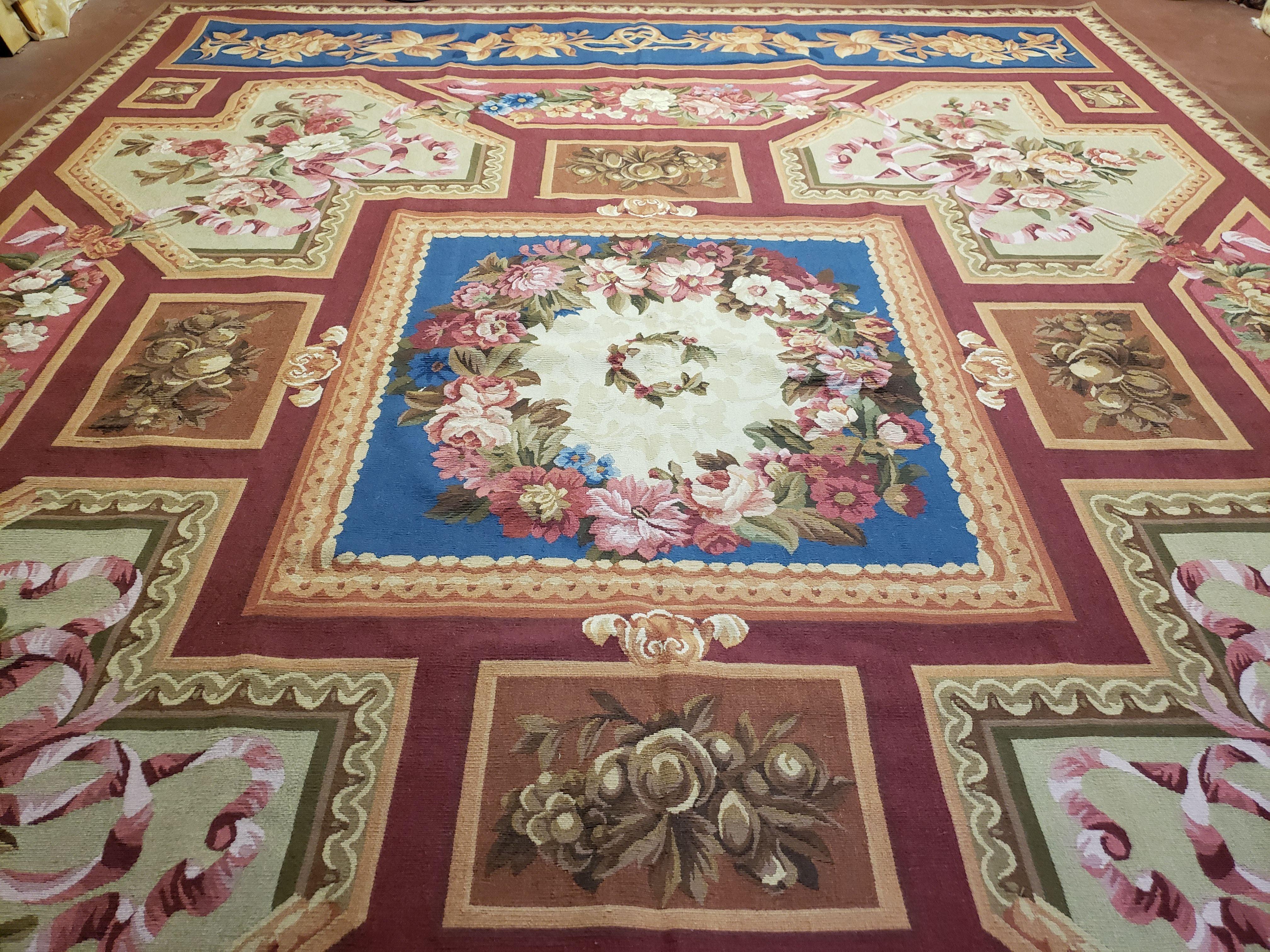 9x12 Aubusson Rug Brand New Bold Colors Blue Red Flat Weave Carpet Handmade Hand-Knotted Aubusson Weave French European Design Wool Area Rug - Jewel Rugs