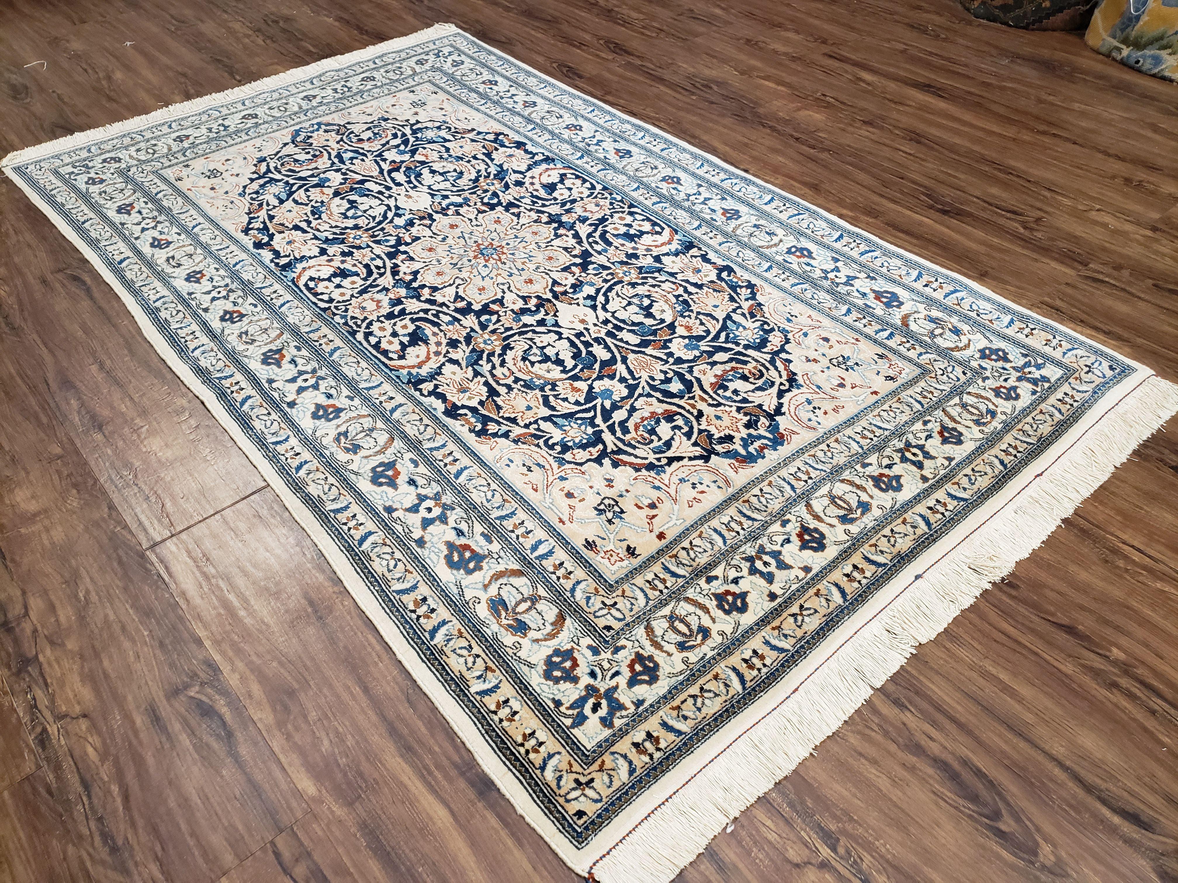 Semi Antique Fine Persian Nain Rug, Ivory & Blue, Wool with Silk Accents, 3'9" x 6'2" - Jewel Rugs