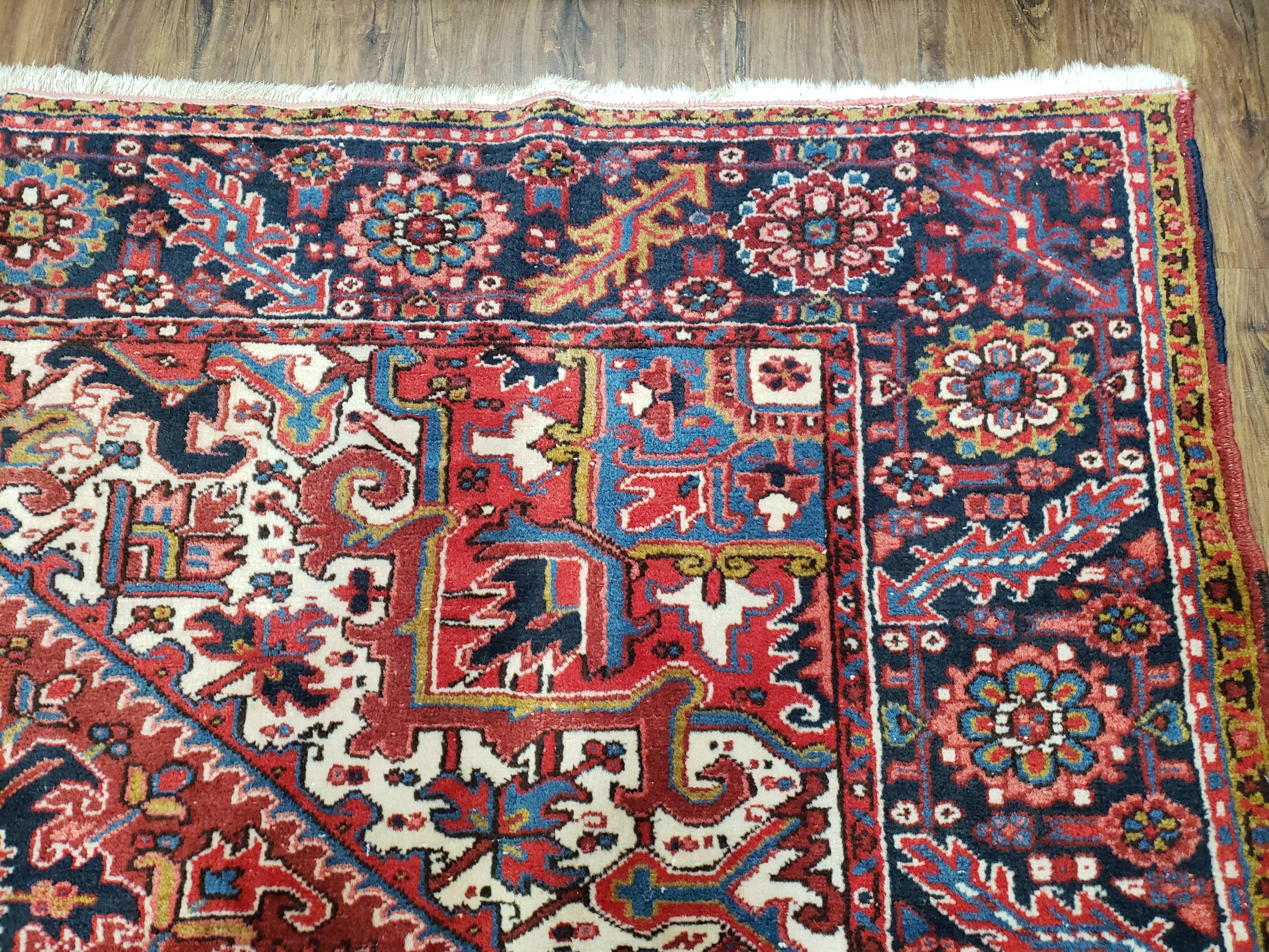 Antique Persian Heriz Rug, Red Dark Blue and Ivory, Wool, Hand-Knotted, Decorative, Tribal, 8' 4" x 11' 3" - Jewel Rugs