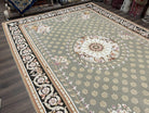 Large Needlepoint Rug 10x14, Sage Green Ivory Black, Elegant Hand Woven Room Sized Carpet, French Aubussson Savonnerie Design, Wool Floral - Jewel Rugs