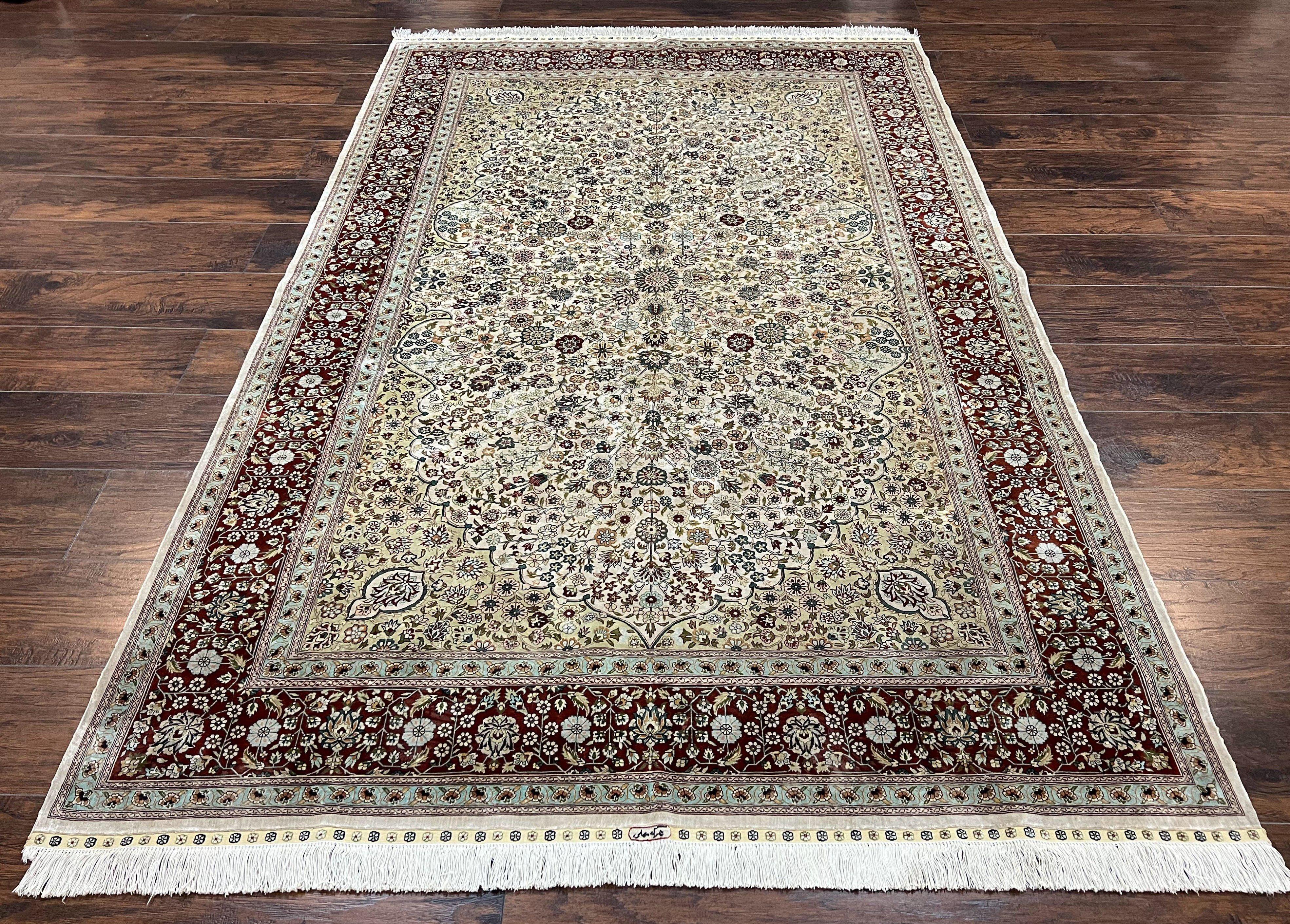 Stunning Silk Turkish Hereke Rug 5x8, Very Fine Hand Knotted Silk Carpet, Floral Allover, Vintage Silk on Silk Rug, Cream Gold Maroon, Nice - Jewel Rugs