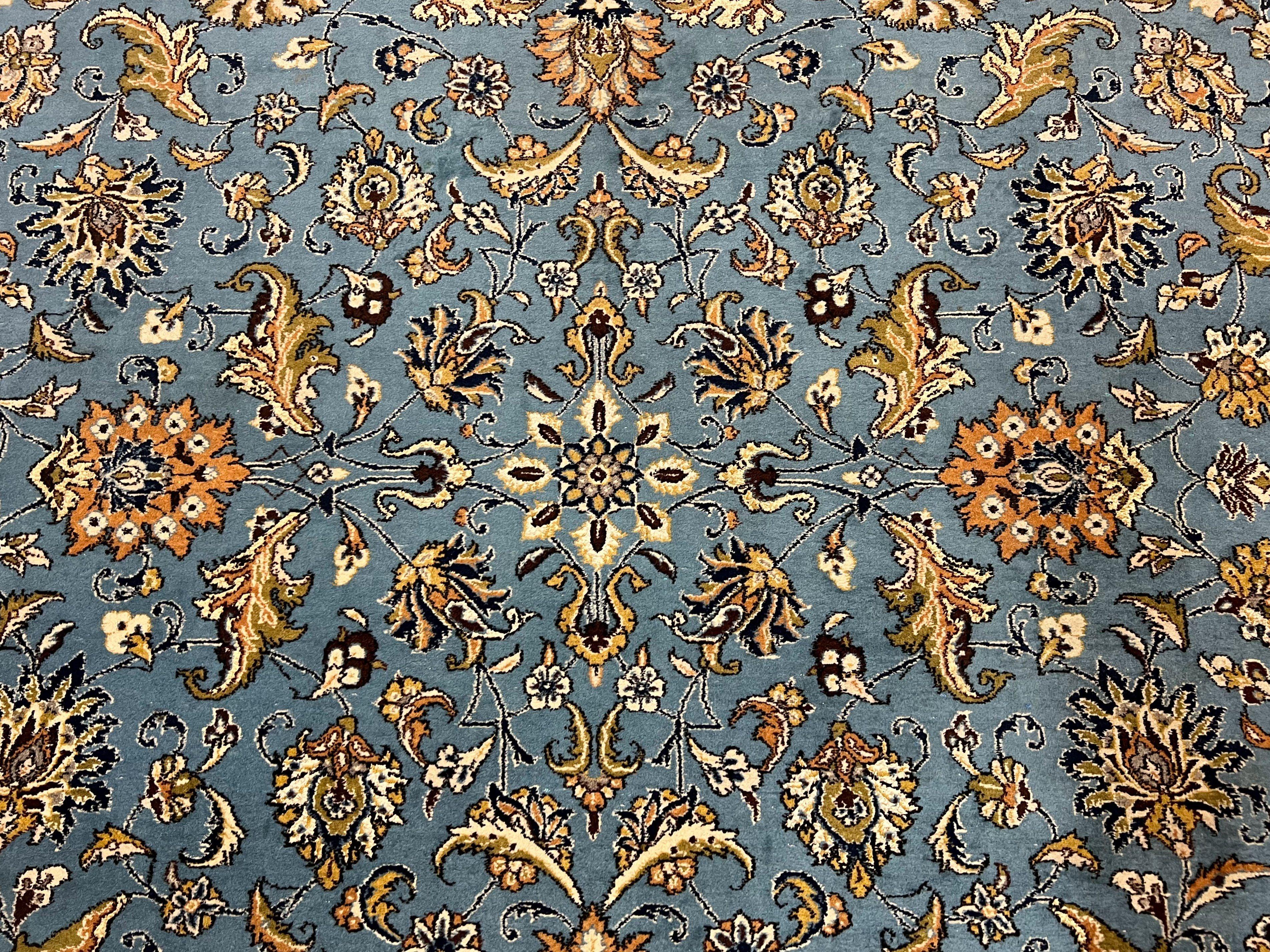 Marvelous Light Blue Persian Qum Rug 9x12, Top Quality Floral Allover Semi Antique Hand Knotted Authentic Ghom Qom Persian Carpet 9x12, Wool & Silk Highlights - Jewel Rugs