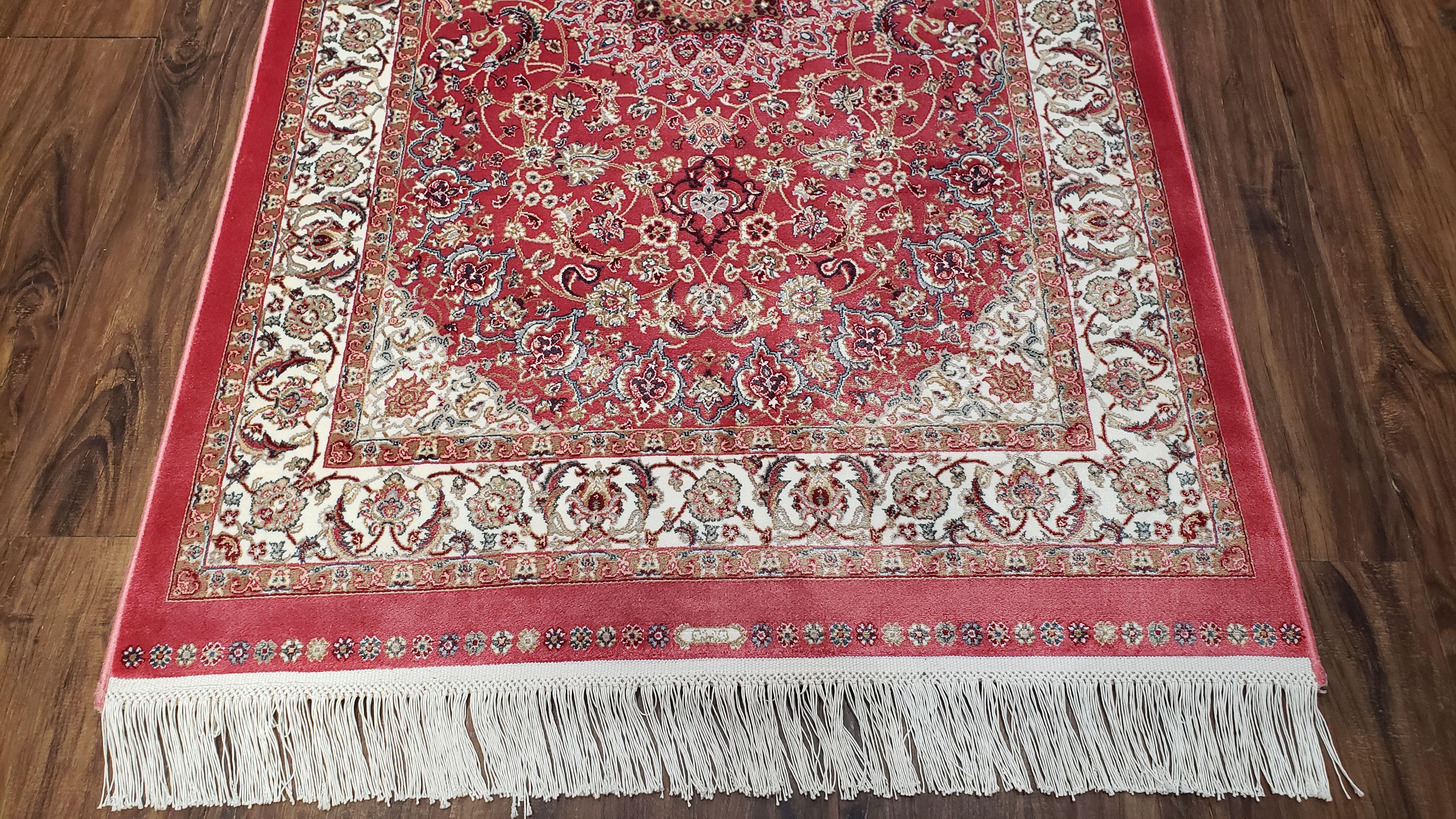 Red & Cream Silk Rug, Small Silk Carpet, Oriental Rug with Medallion, Accent Rug, Bamboo Silk, New, 2.5 x 4 ft Rug Mat, 2' 8" x 4' 1" - Jewel Rugs