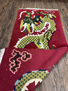 Vintage Chinese Dragon Rug 3 x 6.8, Handmade Hand Knotted Red Chinese Carpet with Gold Dragon, Art Deco Peking Soft Chinese Rug Runner - Jewel Rugs