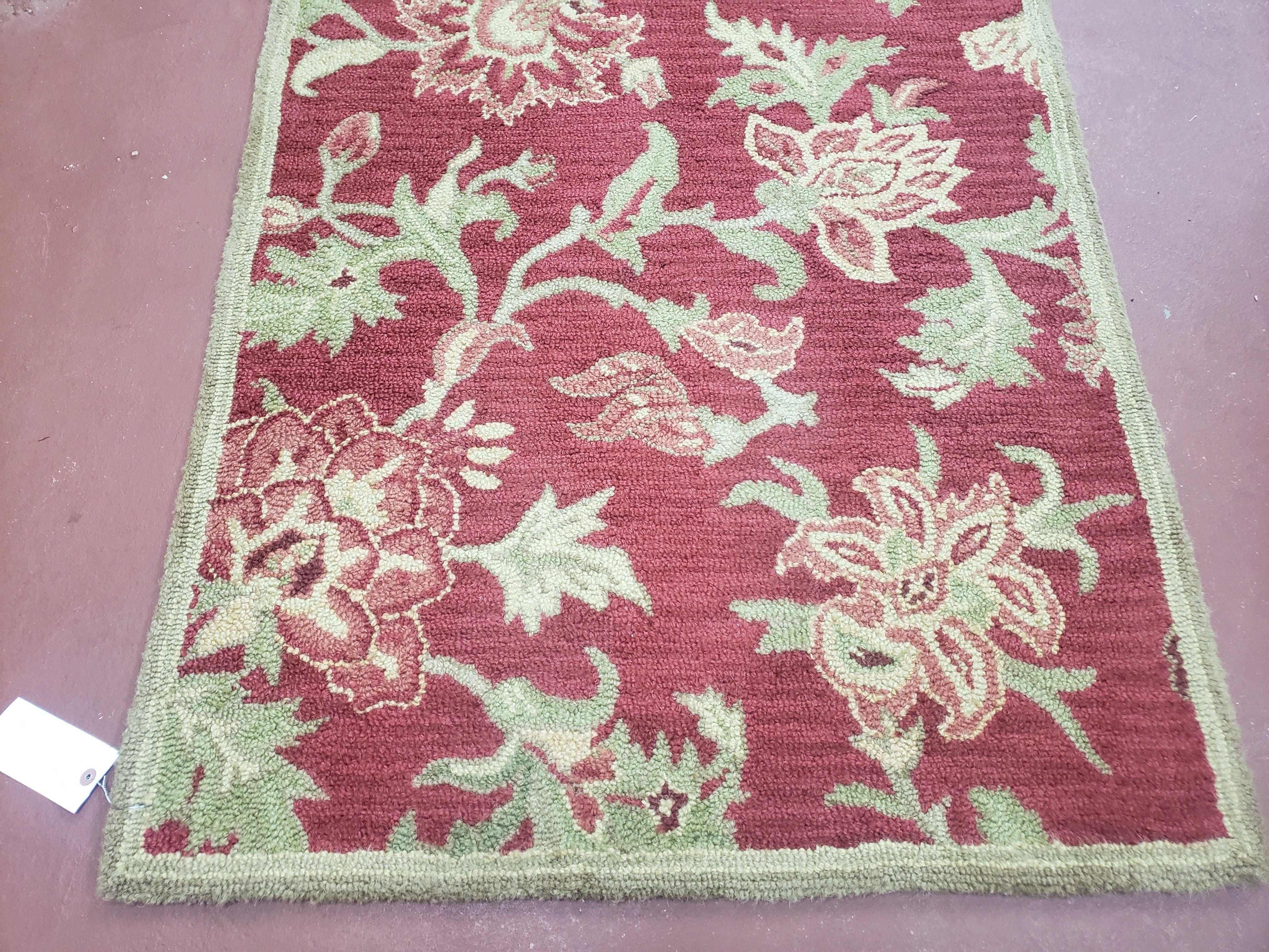 Pottery Barn Small Indian Handtufted Wool Rug 3x5, Red Floral Accent Carpet, Foyer Room Rug, Entryway Rug 3 x 5 ft - Jewel Rugs