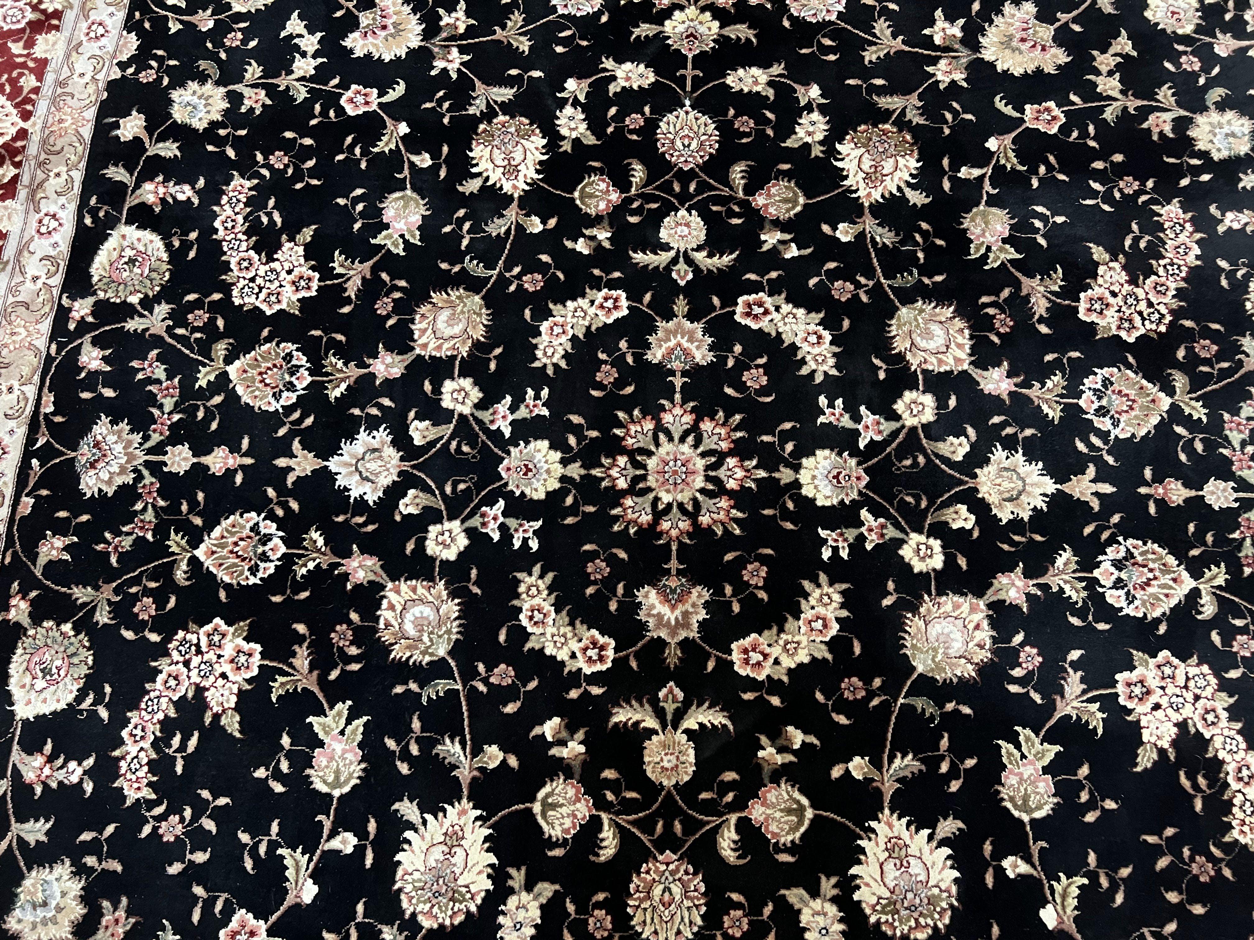 Sino Persian Rug 9x12, High Quality Oriental Carpet, Black and Maroon, Wool and Silk, Allover Floral Pattern, Hand Knotted, Vintage Rug Nice - Jewel Rugs