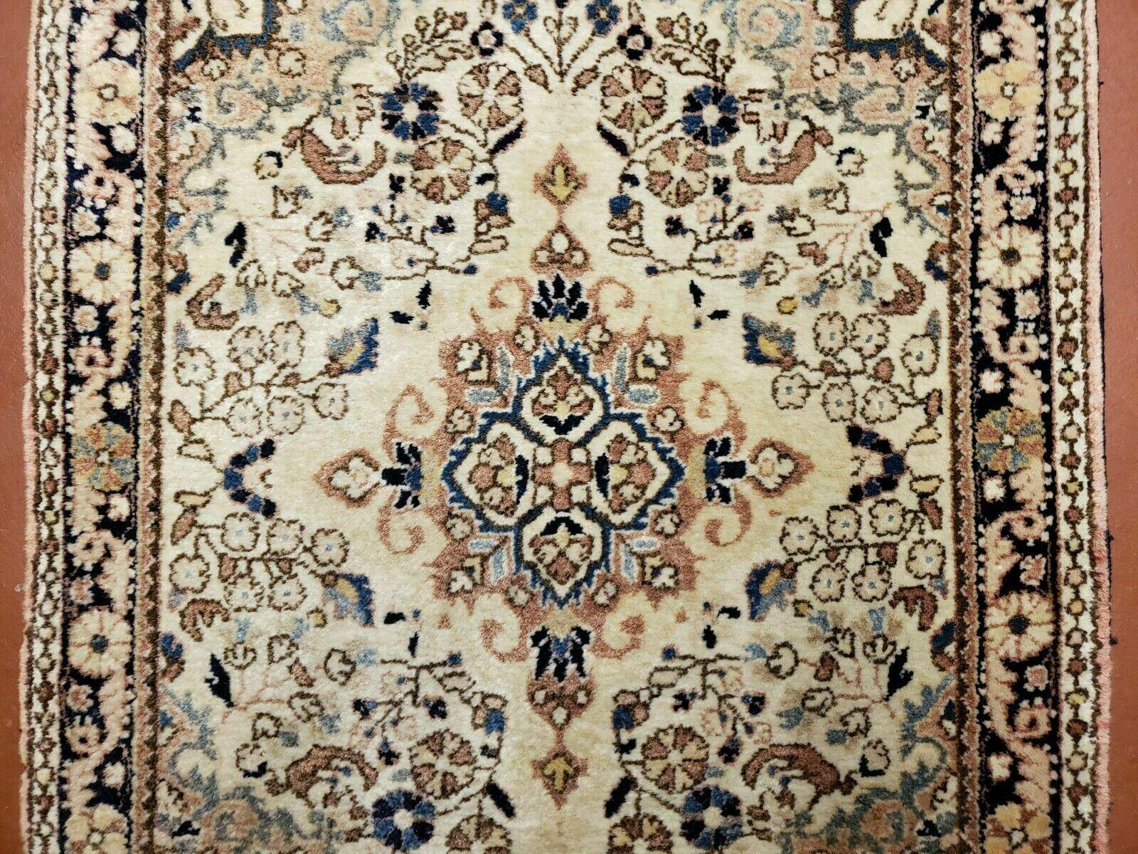 Small Persian Rug 2.4 x 3, Tiny Persian Sarouk Carpet, Cream Navy Blue, Floral Medallion, Vintage Wool Rug, Handmade Hand-Knotted Oriental Rug - Jewel Rugs