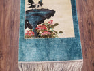 Vintage Chinese Silk Wall Hanging 2x5, Silk Hand-Knotted Cream & Teal Wall Art, Birds Tapestry Rug, Asian Oriental Tapestry Carpet, Pair B - Jewel Rugs