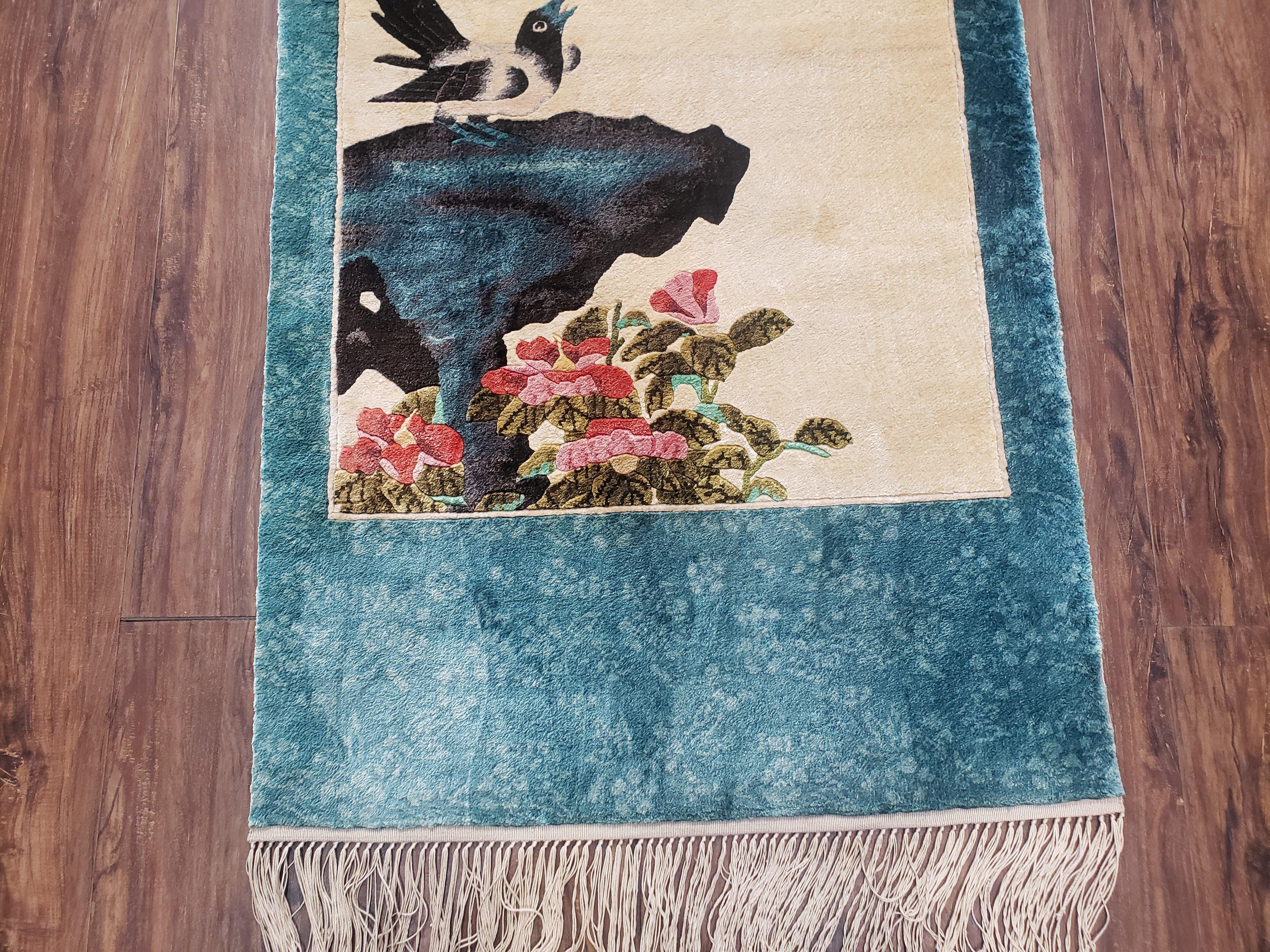 Vintage Chinese Silk Wall Hanging 2x5, Silk Hand-Knotted Cream & Teal Wall Art, Birds Tapestry Rug, Asian Oriental Tapestry Carpet, Pair B - Jewel Rugs