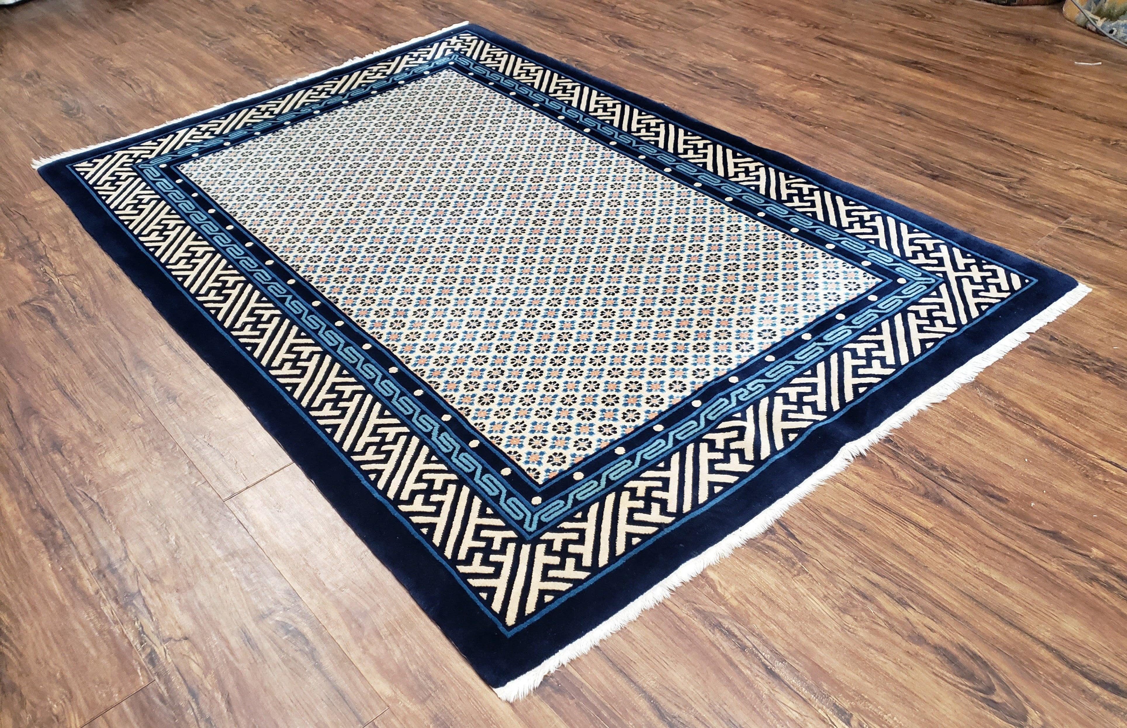 Vintage Chinese Peking Area Rug 4x6, Wool Hand-Knotte, Dark Blue Ivory Chinese Art Deco Carpet, 4 x 6 Foyer Room Asian Oriental Rug, 6x4 Rug - Jewel Rugs