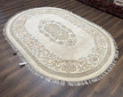 Indo Chinese Oval Rug 6x9, Aubusson Design, Ivory, Hand Knotted Wool Carpet, Large Vintage Oval Rug - Jewel Rugs