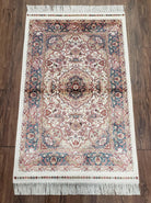 Small Silk Carpet, Medallion Rug, Very Fine, Persian Design, Silk-on-Silk, Oriental Accent Rug, Bamboo Silk, 2.5 x 4 ft, 2' 8" x 4' 1" - Jewel Rugs