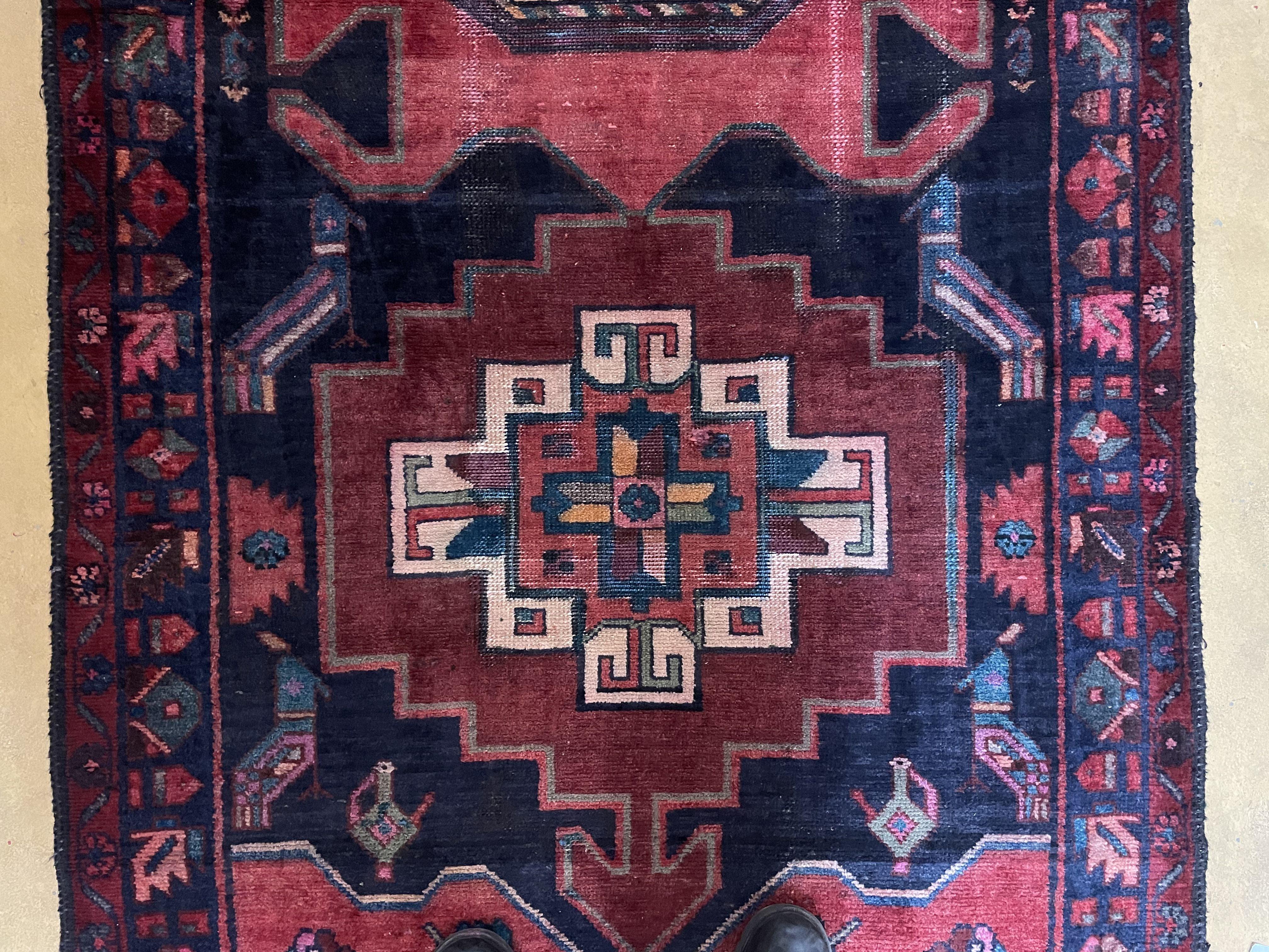 Persian Runner Rug 3.8 x 10, Persian Hamadan Nahavand Runner, Karabagh Design, Antique Wool Tribal Runner, Geometric Medallions, Handmade Hand Knotted Wide Runner, Navy Blue Red, Birds - Jewel Rugs