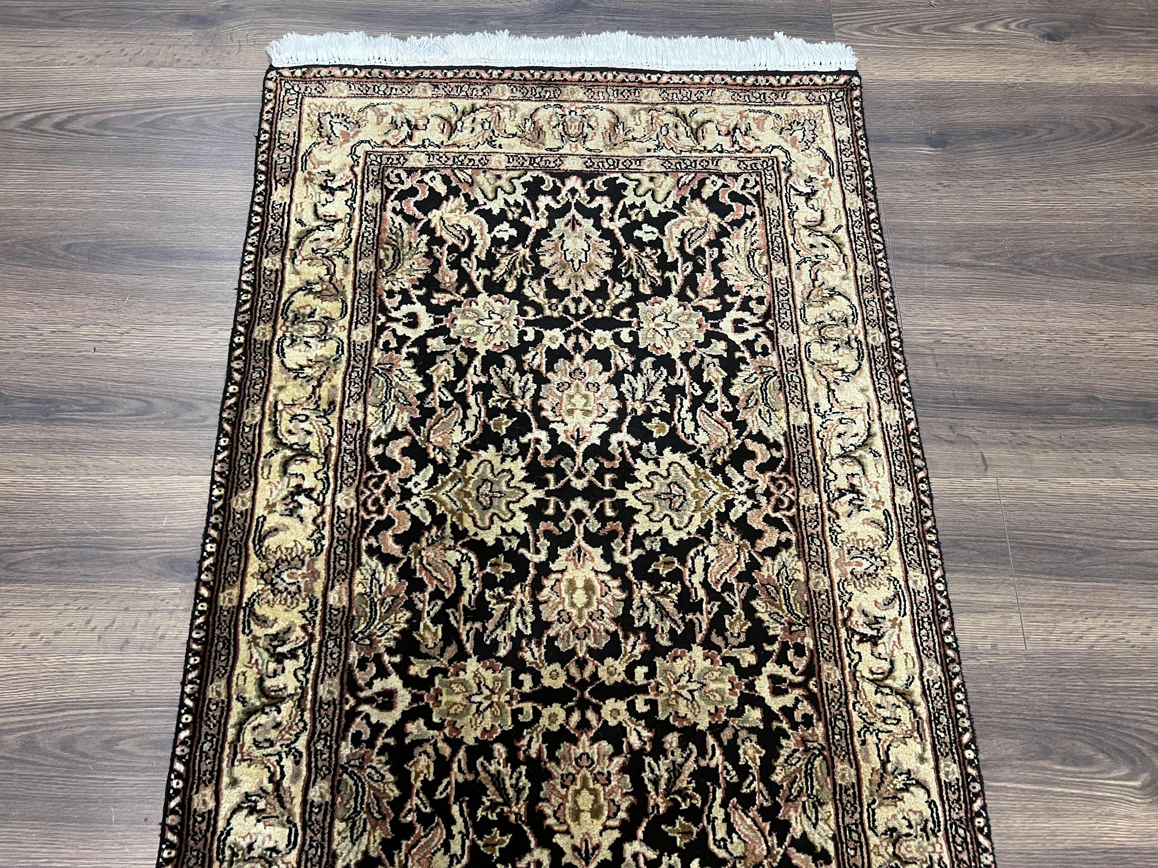 Indo Persian Runner Rug 2.8 x 8, Hand Knotted Wool Oriental Runner, Hallway Rug, Allover Floral, Black and Beige, Vintage Indian Runner - Jewel Rugs