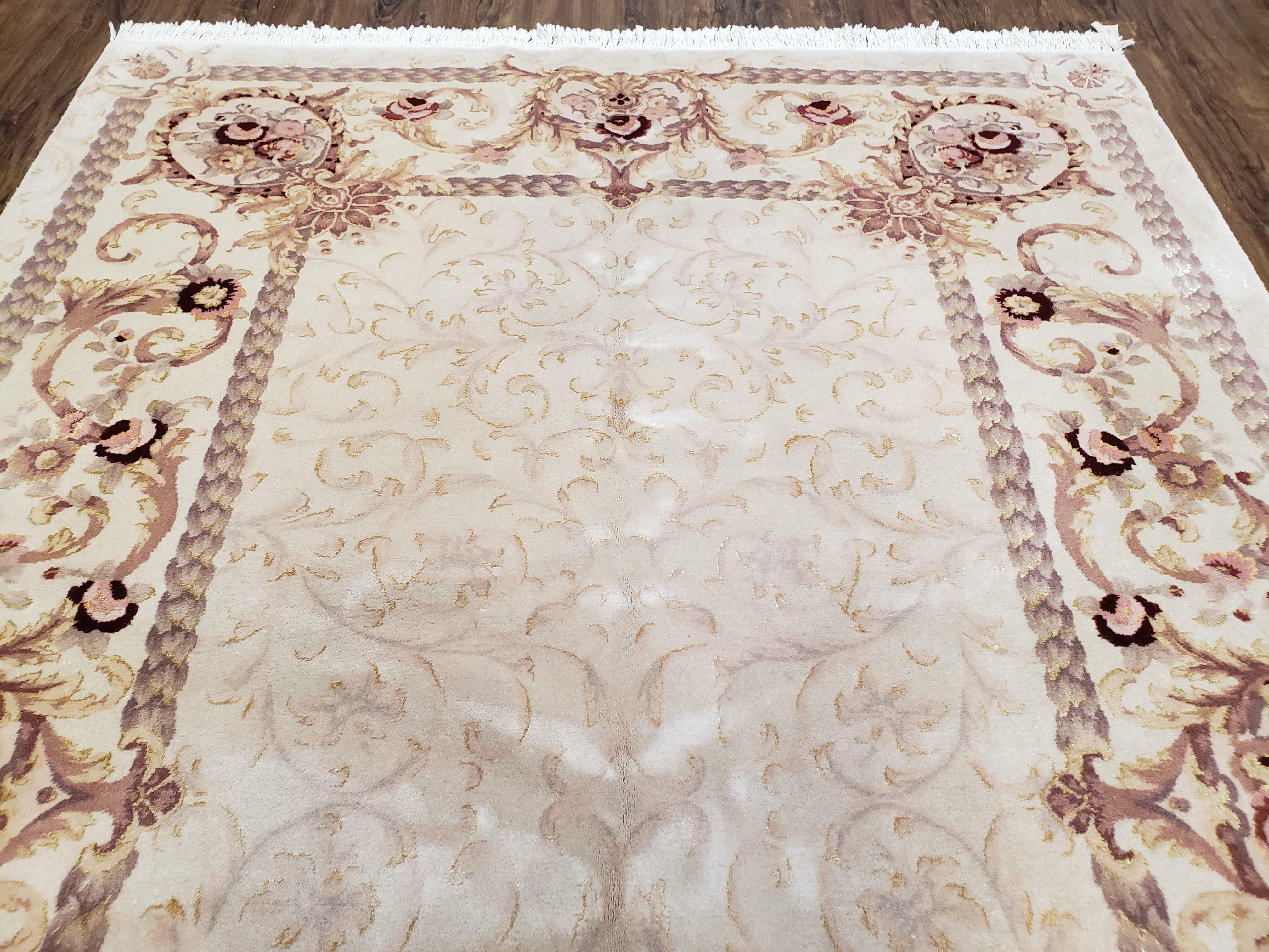 Vintage Ivory Chinese Aubusson Area Rug 6x9, Wool & Silk, Hand-Knotted 120 Line Fine Rug, European Design Carpet, 6 x 9 Master Signature Rug - Jewel Rugs