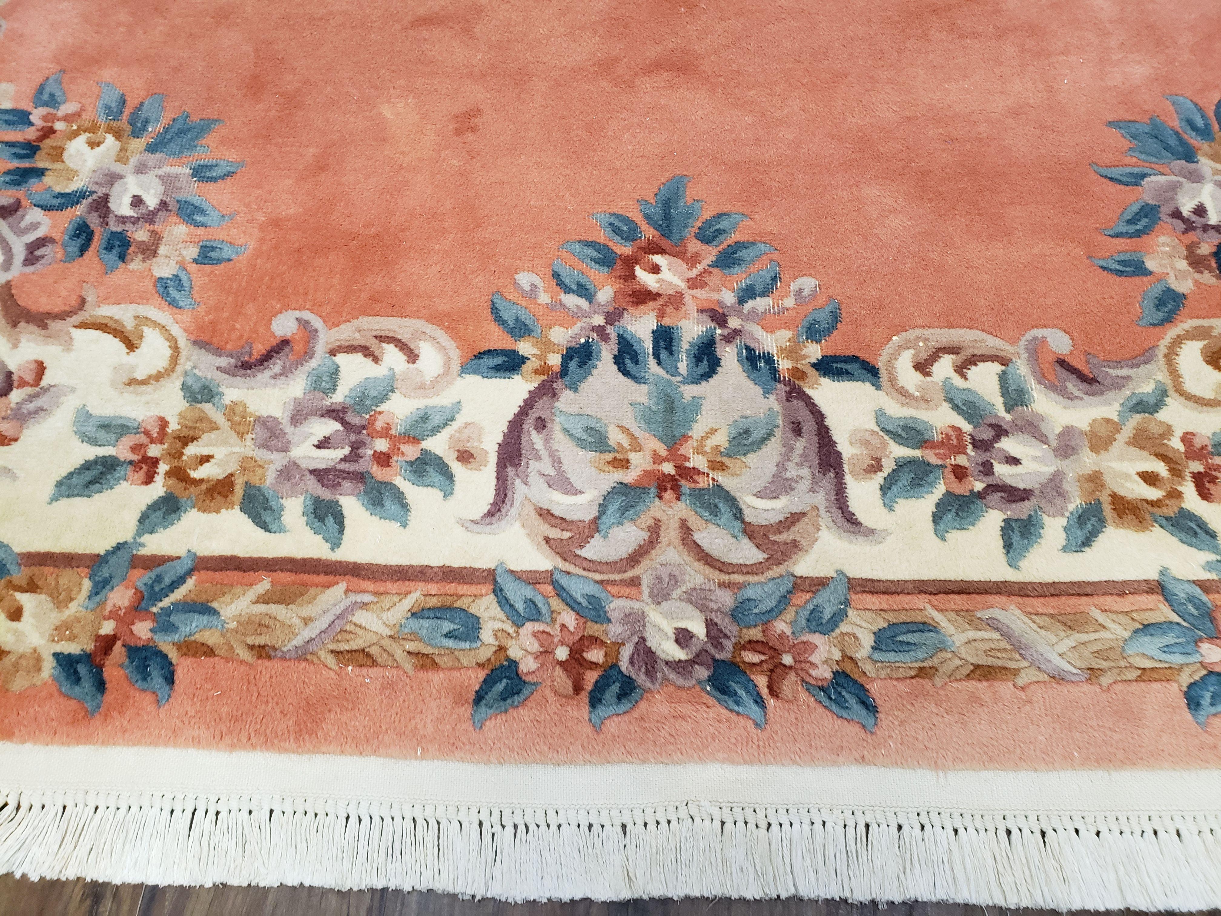 Vintage Chinese Aubusson Area Rug, Light Salmon Beige & Blue, Flowers, Plush Pile, Hand-Knotted, Chinese Art Deco Carpet, 8'3" x 11' 4" - Jewel Rugs