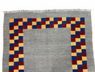 Gray Kilim Carpet, Yellow, Red, Blue Checkerboard Pattern, Flatweave, New, Geometric, Hand-Knotted, Wool, Turkish Area Rug, 5' 9" x 7' 9" - Jewel Rugs