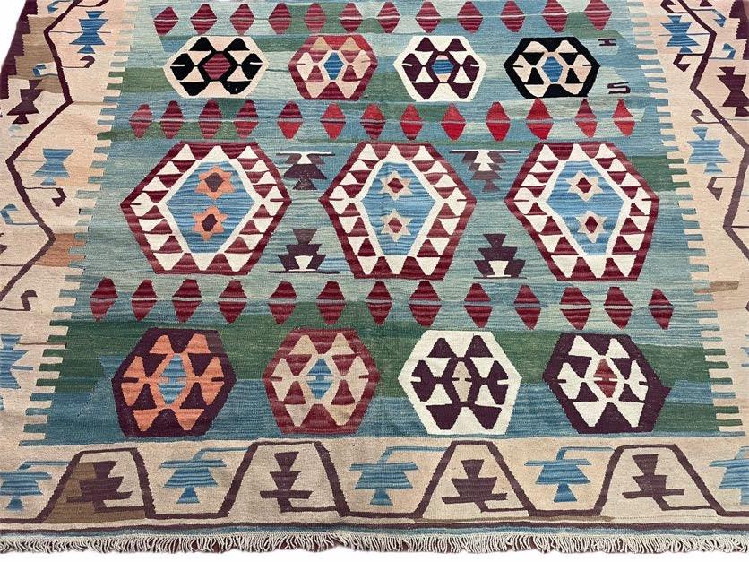 Turkish Kilim Carpet 8x12, Large Colorful New Kilim Rug, High Quality, Kilim Geometric Pattern, Blues, Yellows, Teal, Wool, Hand-Knotted - Jewel Rugs