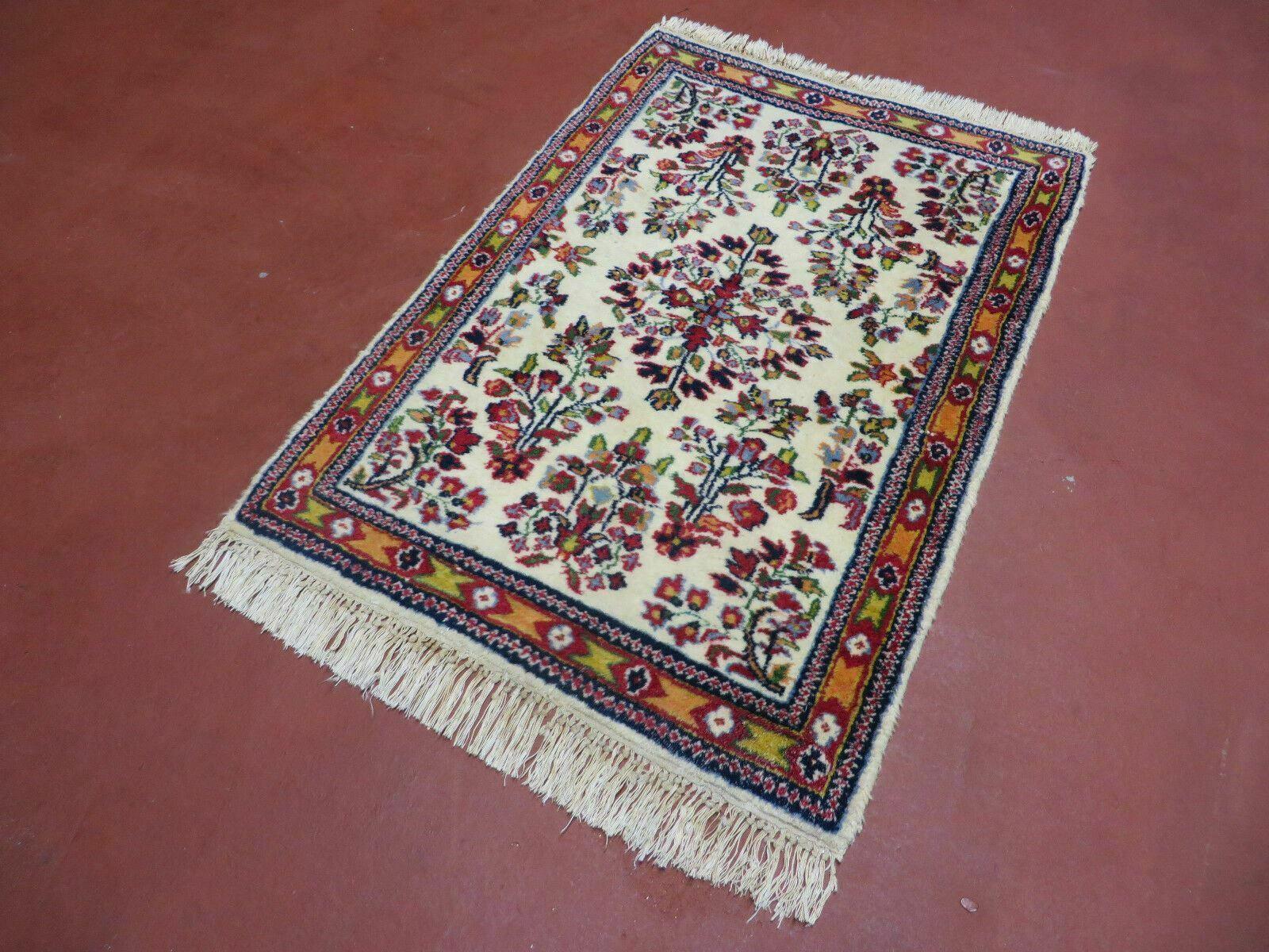 Small Persian Rug 2 x 3, Tiny Persian Sarouk Carpet, Cream Navy Blue Red, Floral Medallion, Vintage Wool Rug, Handmade Hand-Knotted Oriental Rug - Jewel Rugs