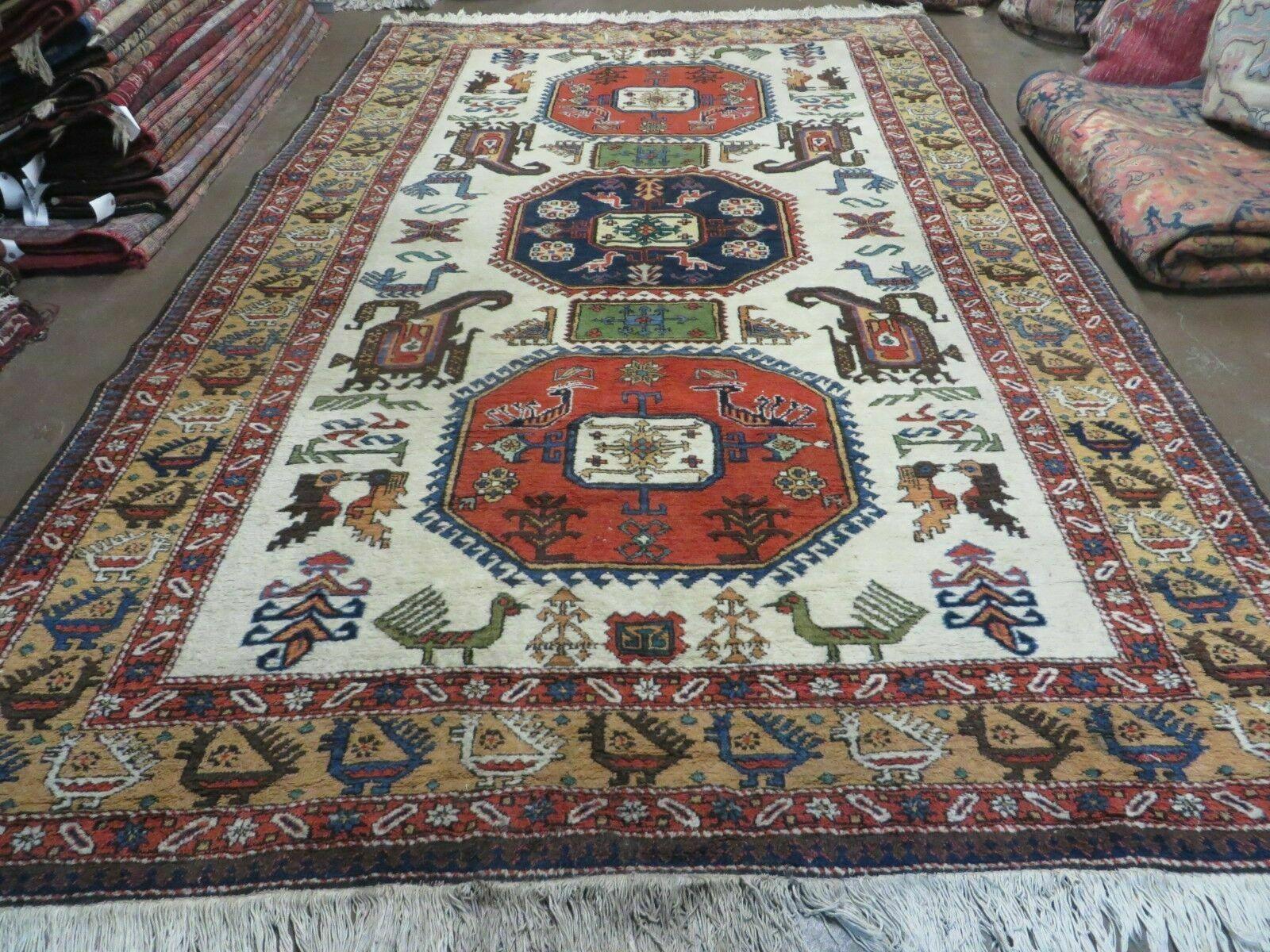 7' X 10' Vintage Handmade Knotted Turkish Wool Rug Birds Animal Ivory Organic - Jewel Rugs