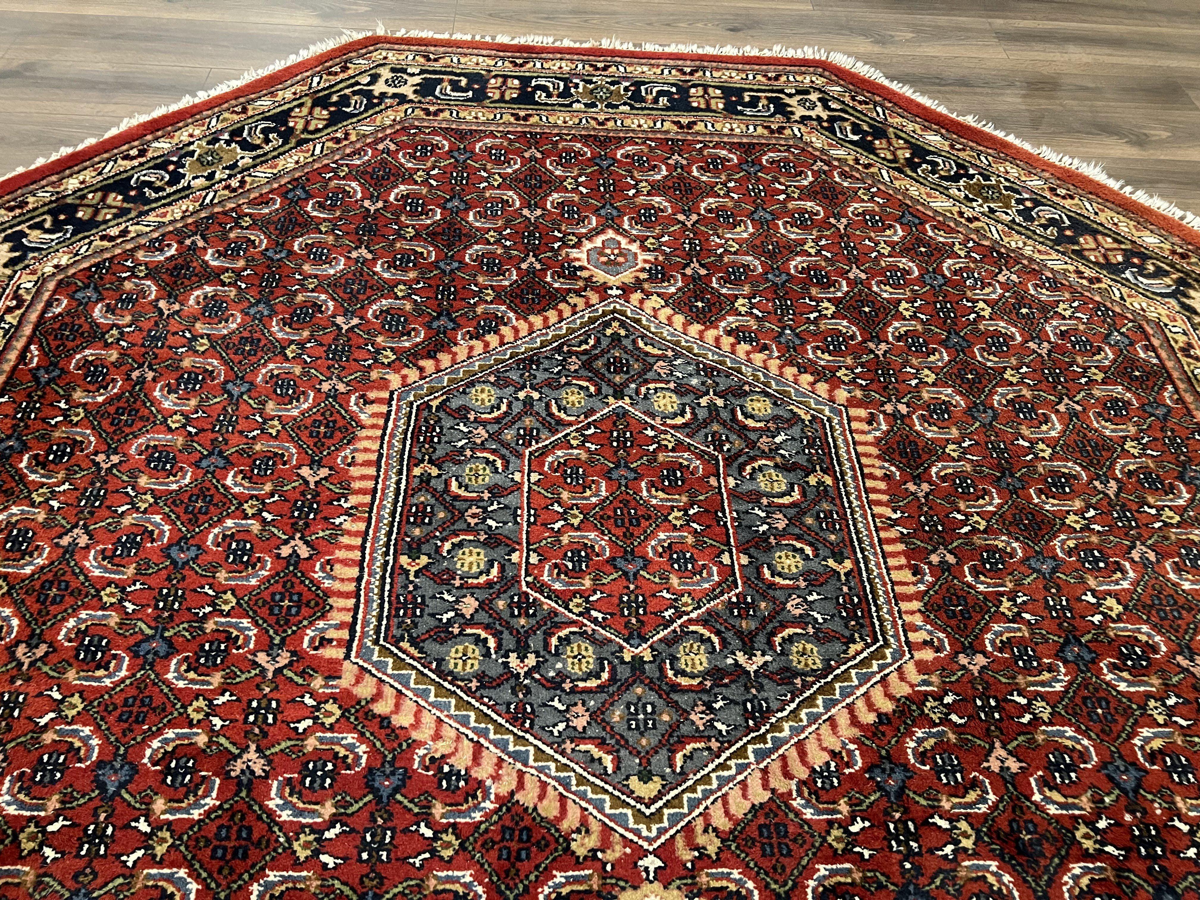 Octagon Rug 8 x 8 ft, Indo Persian Rug, Indian Rug 8x8, Red Black Gold, Hand Knotted Octagon Shaped Round Rug, Vintage Rug, Mahi Herati Wool - Jewel Rugs