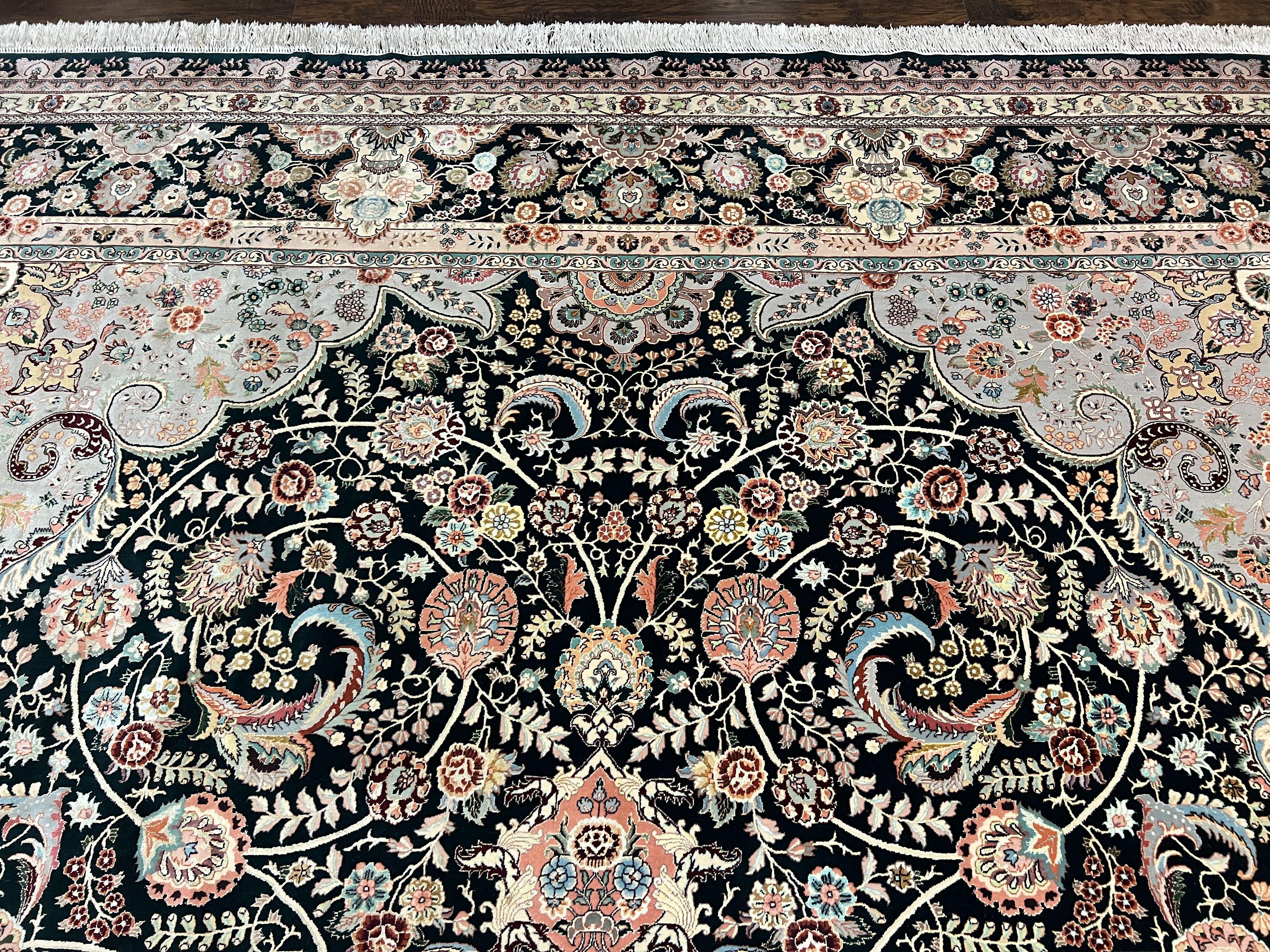 Wonderful Sino Persian Rug 10x14, Wool on Silk Foundation, Very Fine Floral Medallion Oriental Carpet, Dark Green Salmon Pink Light, Wow - Jewel Rugs