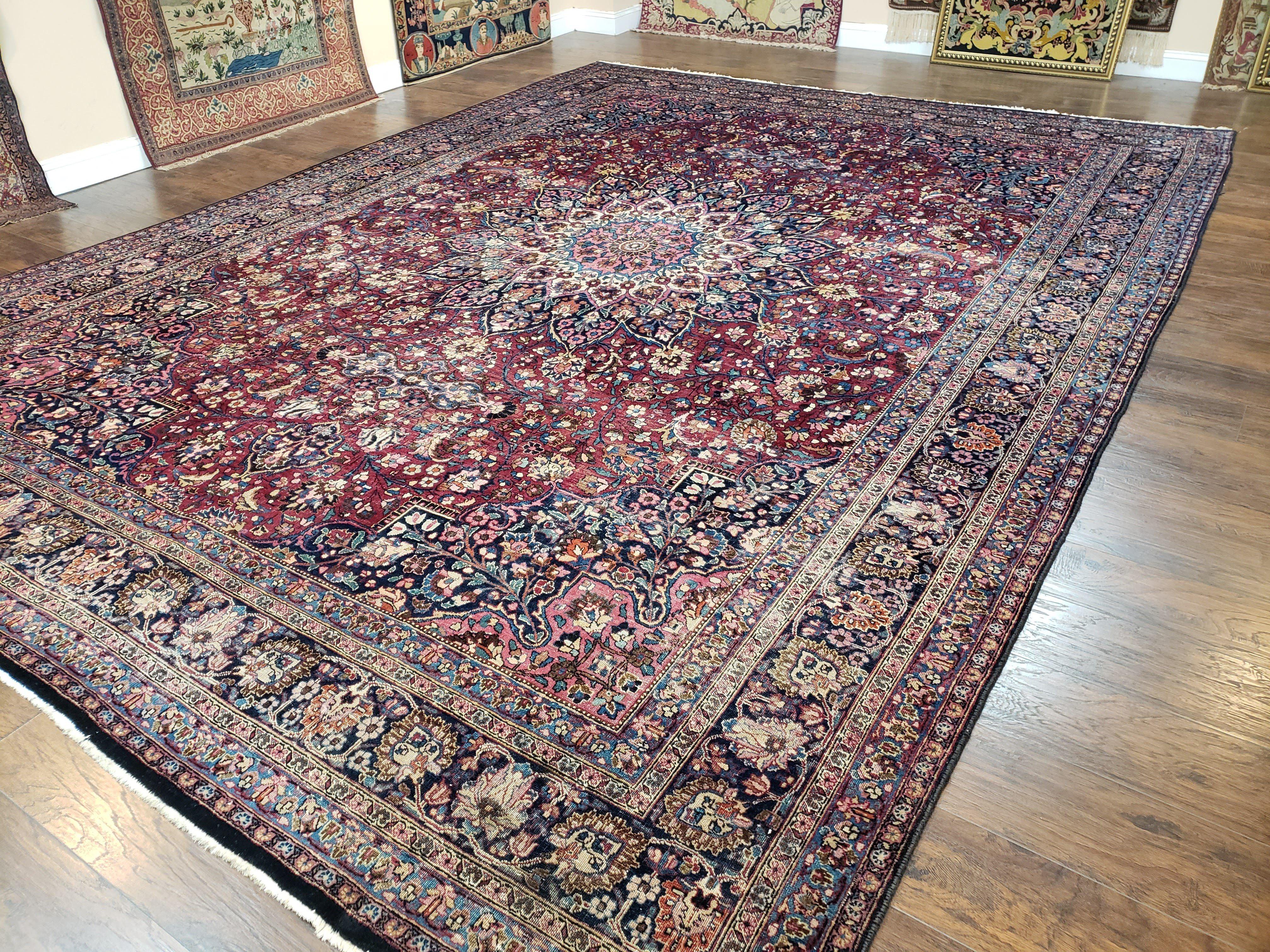 Antique Persian Mashad Rug, Palace Size, Hand-Knotted, Wool, Allover Floral with Medallion, Ruby Red and Dark Blue, 11' x 15' - Jewel Rugs